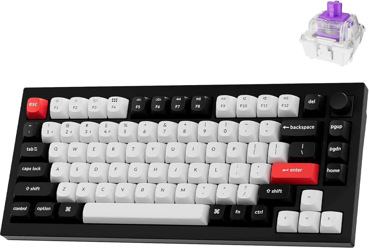 The image shows a black and white keyboard with a red key. The keys are labeled with letters and numbers, including the numbers 1 through 9, and the letters A through Z. There are also function keys, such as F1 through F12, and other special keys like the arrow keys, the backspace key, and the enter key. The keyboard also has a red key, which could be a function key or a shortcut key.