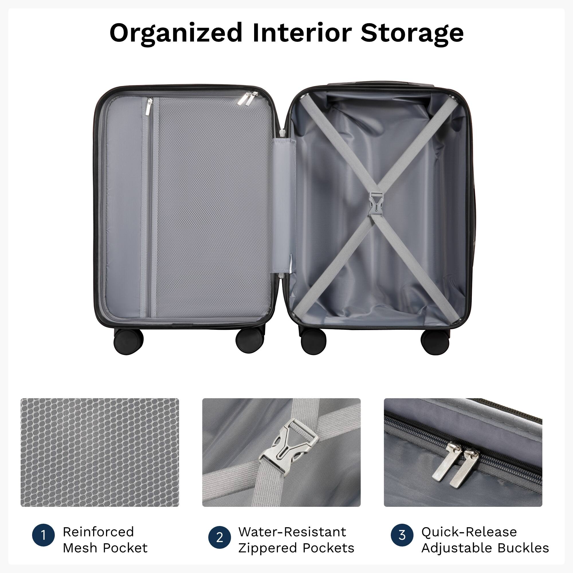 Organized Interior Storage

1. Reinforced Mesh Pocket
2. Water-Resistant Zippered Pockets
3. Quick-Release Adjustable Buckles