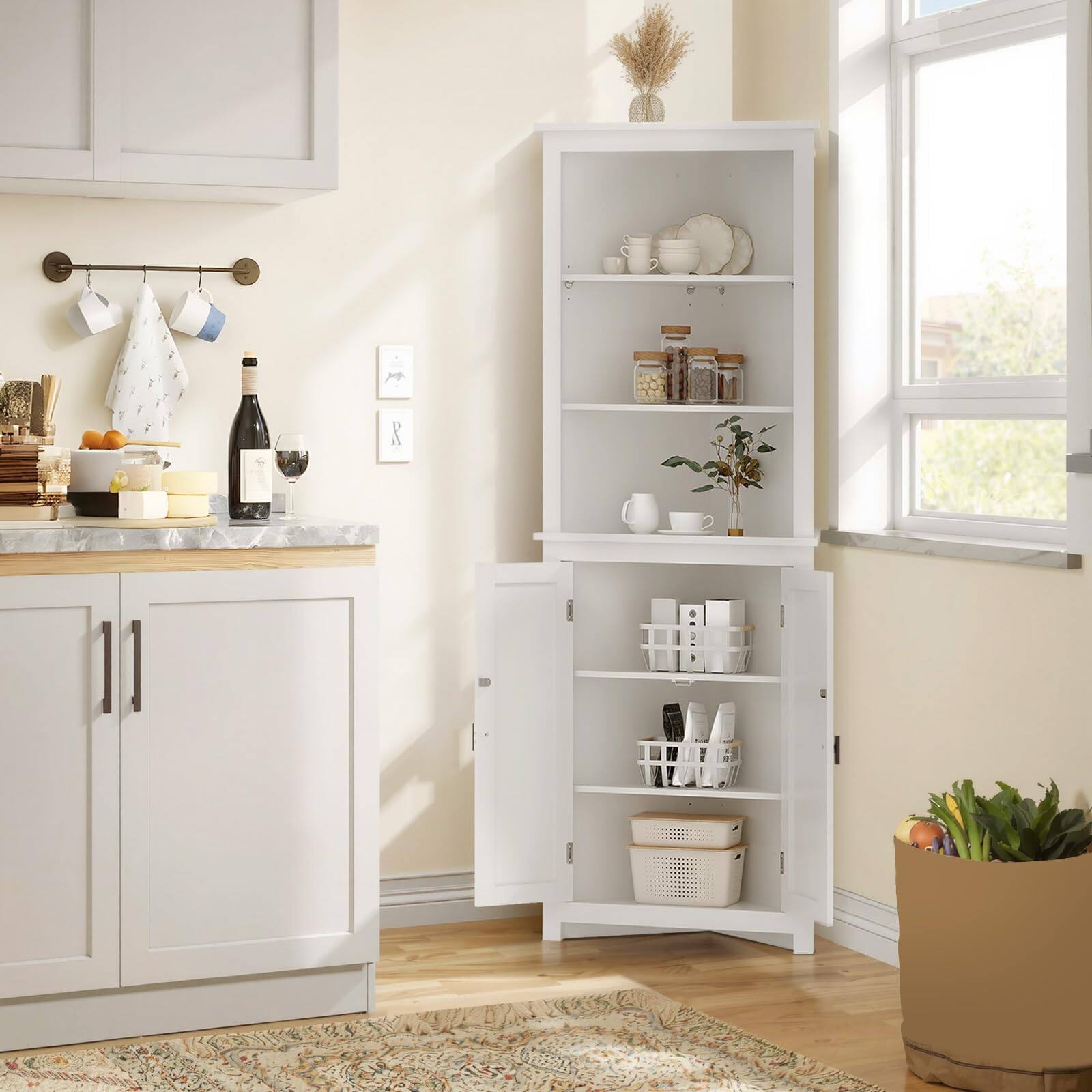 Left. Babevy - 63.8" Corner Cabinet with Adjustable Shelves, Rattan Doors, Space-Saving Storage for Living Room - White.