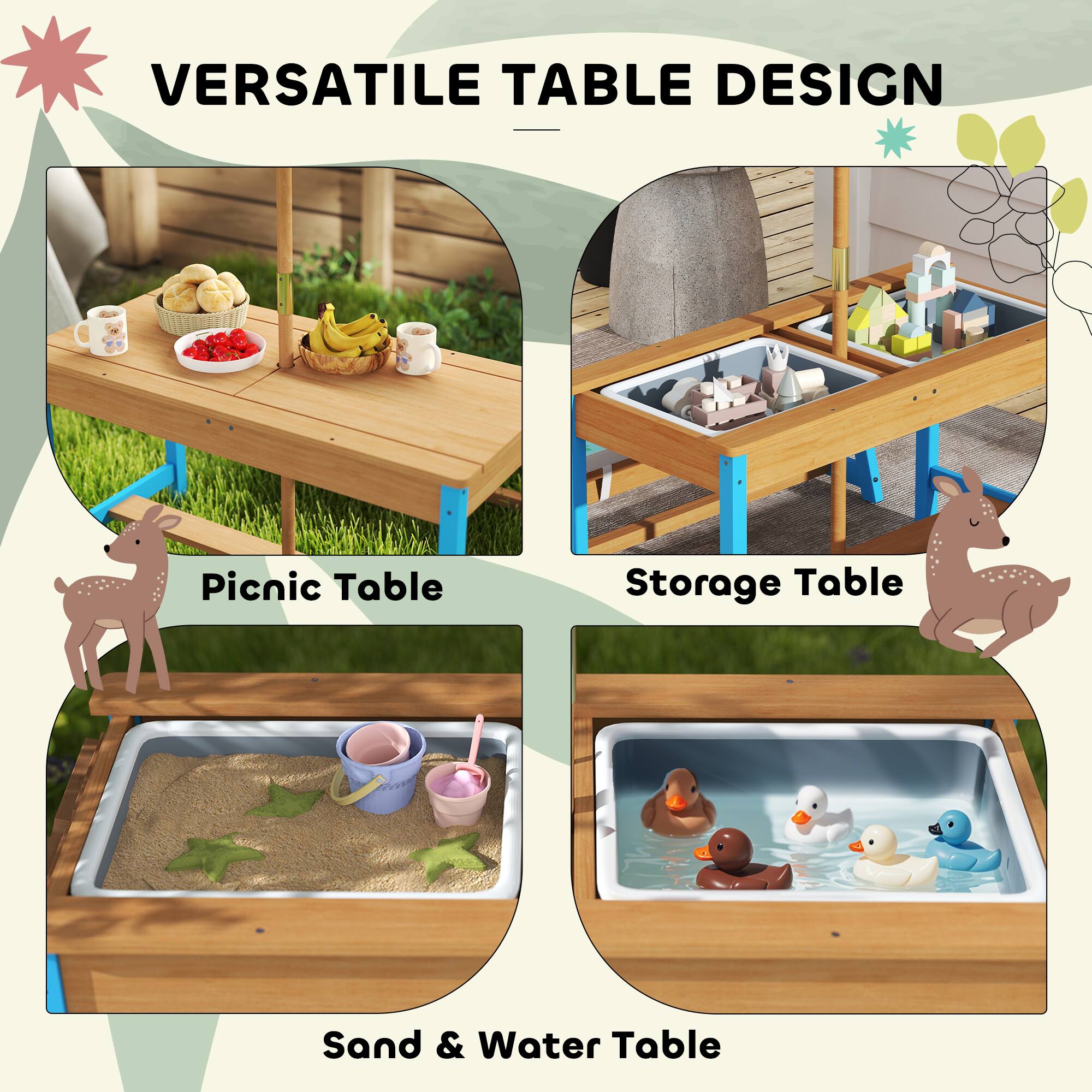 VERSATILE TABLE DESIGN

- Picnic Table
- Storage Table
- Sand & Water Table