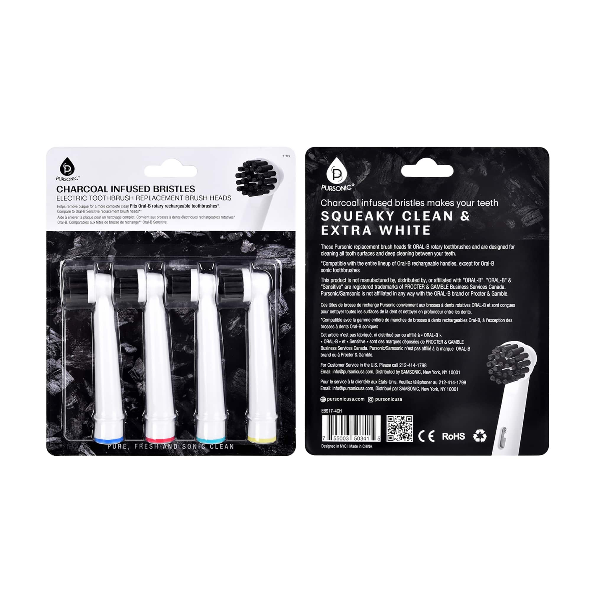 PURSONIC CHARCOAL INFUSED BRISTLES ELECTRIC TOOTHBRUSH REPLACEMENT BRUSH HEADS - Helps remove plaque for a more complete clean. Fits Oral-B rotary rechargeable toothbrushes. Adds a remover to make your teeth whiter. PURSONIC Charcoal infused bristles makes your teeth SQUEAKY CLEAN & EXTRA WHITE. These Pursonic replacement brush heads (ORAL-B) rotary toothbrushes and are designed for cleaning all tooth surfaces and deep cleaning between your teeth. Compatible with the entire lineup of Oral-B rechargeable handles except Oral-B 8. This product is not manufactured, distributed, or affiliated with "ORAL-B" or "GAMBLE." Pursonic is a registered trademark of Procter & Gamble. Business Services Canada. Pursonic/Samsonic not affiliated in any way with the ORAL-B brand. Procter Gamble.