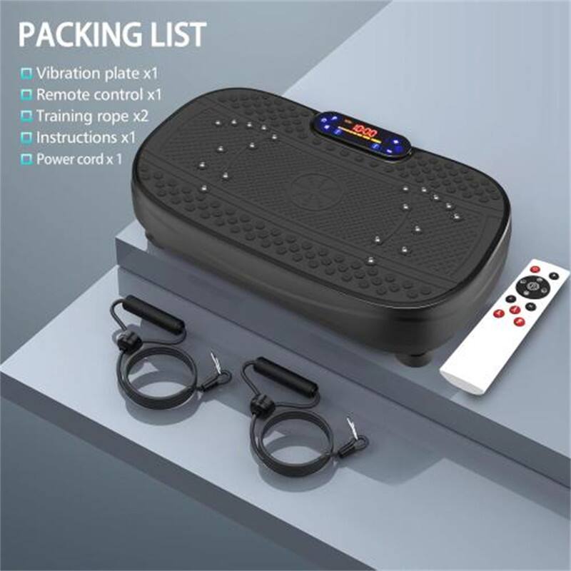 PACKING LIST

- Vibration plate x1
- Remote control x1
- Training rope x2
- Instructions x1
- Power cord x 1