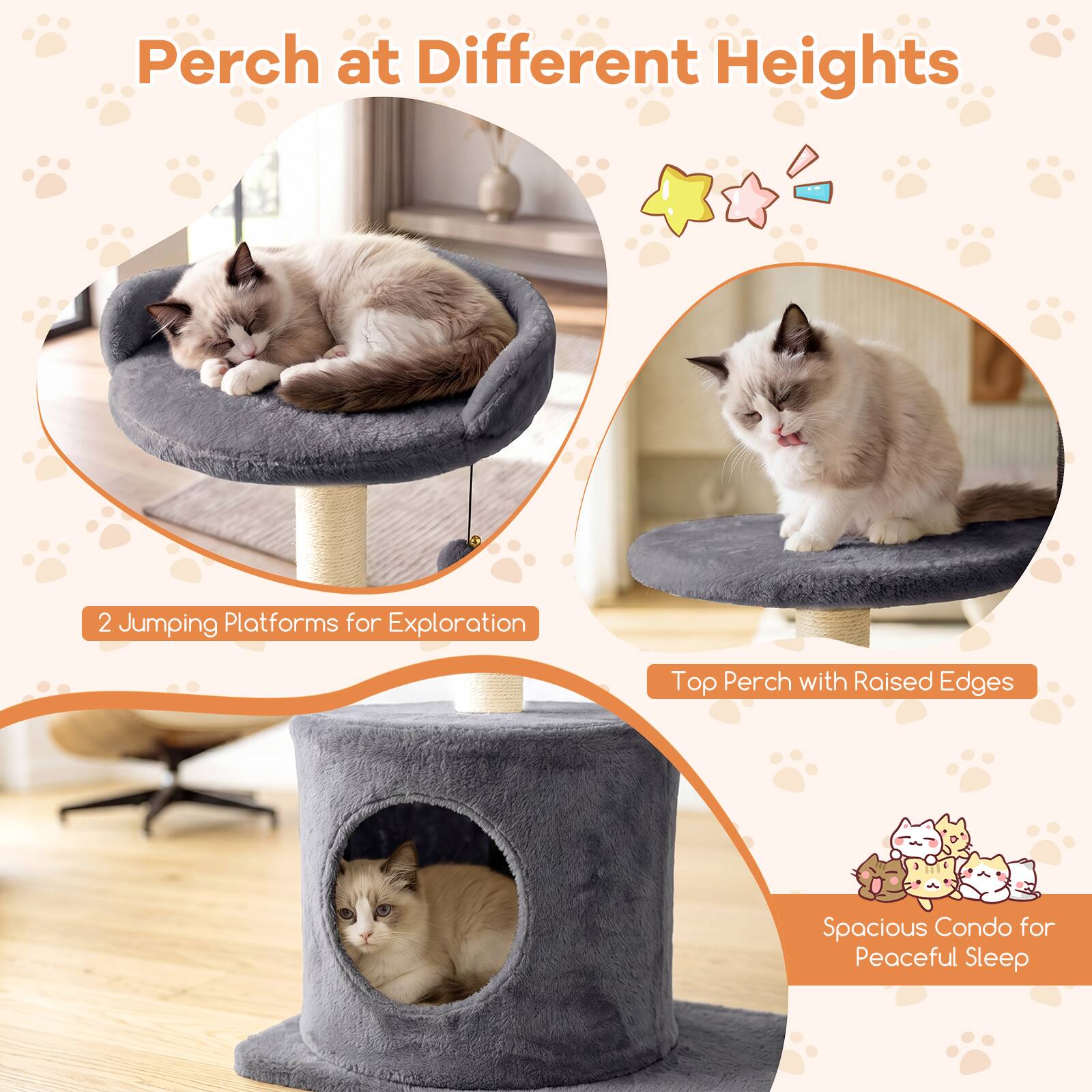 Perch at Different Heights

2 Jumping Platforms for Exploration

Top Perch with Raised Edges

Spacious Condo for Peaceful Sleep