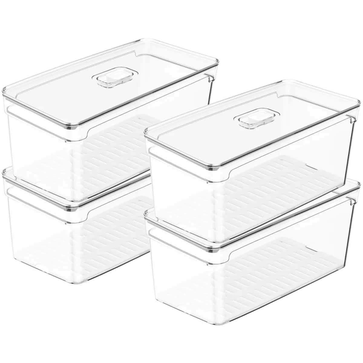 OU - Fridge Organizer Bin with Vented Lid, Stackable Refrigerator Storage Container, 4 Pack - Clear