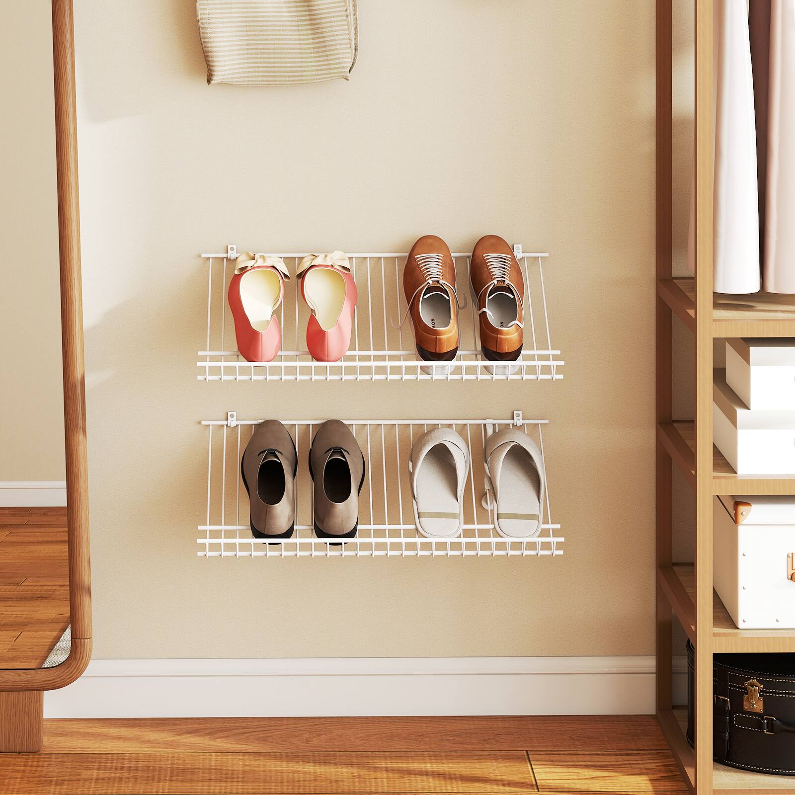 Alt View 3. Gymax - Gymax Set of 2 Metal Wire Shelving Unit Sloping Shoe Racks w/ Heightened Edge - White.