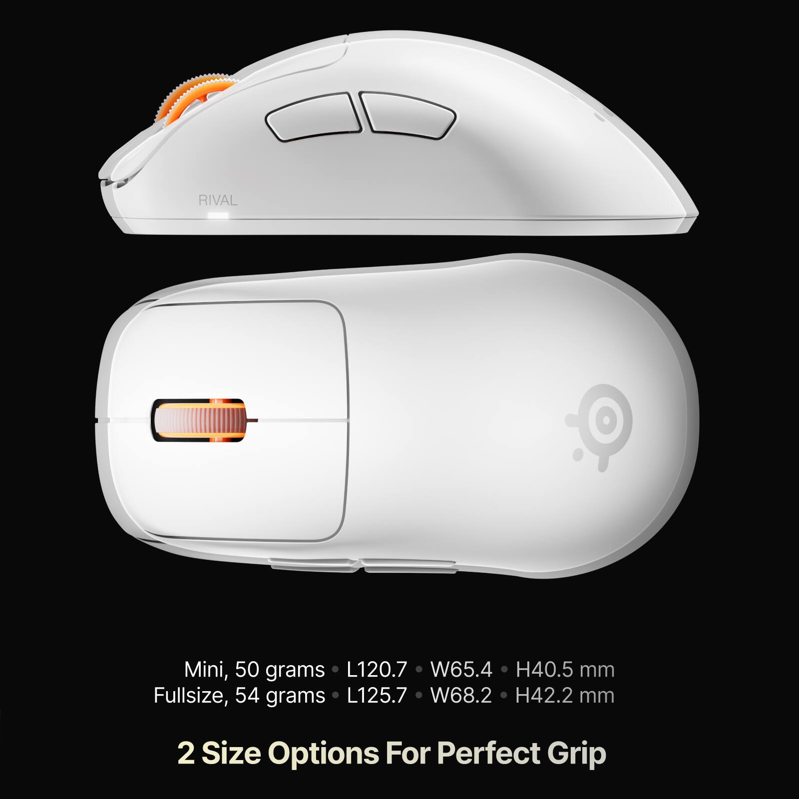 RIVAL

Mini, 50 grams  
L120.7 W65.4 H40.5 mm

Fullsize, 54 grams  
L125.7 W68.2 H42.2 mm

2 Size Options For Perfect Grip