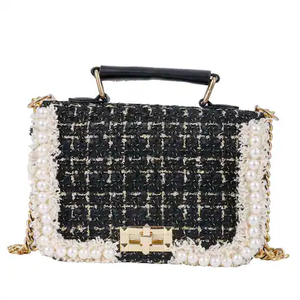 Front. Live At Space - Designer Chain Shoulder Purse For Women Trendy Ladies Quilted Crossbody Bag Clucth Handbags Evening Tweed Purses - Black-1.