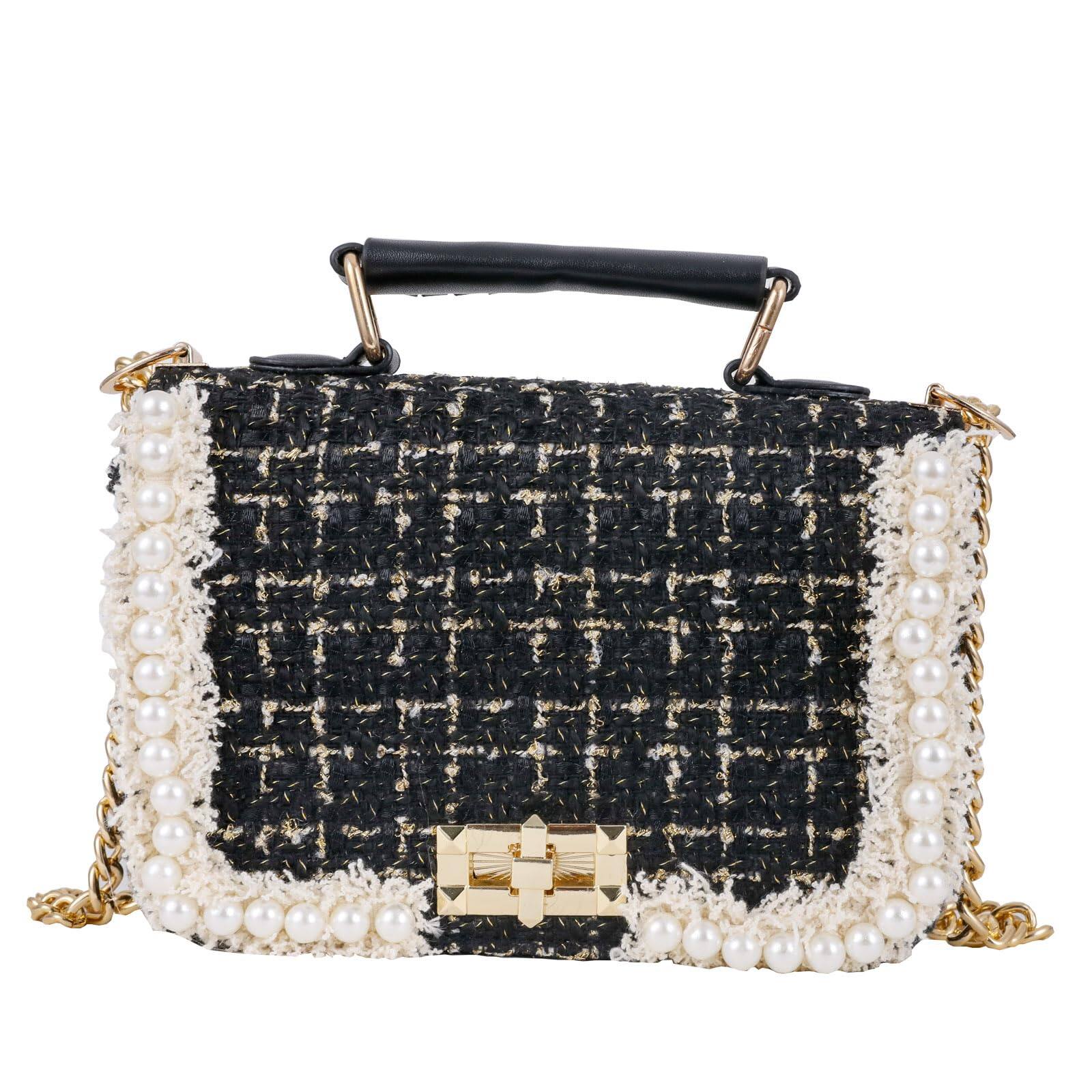 Front. Live At Space - Designer Chain Shoulder Purse For Women Trendy Ladies Quilted Crossbody Bag Clucth Handbags Evening Tweed Purses - Black-1.