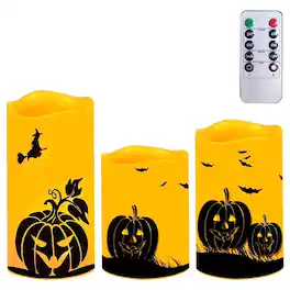 MOVSSOU - Halloween Flameless Candles Flickering Remote Timer Battery Operated 3 Pumpkin Halloween Decoration - Yellow