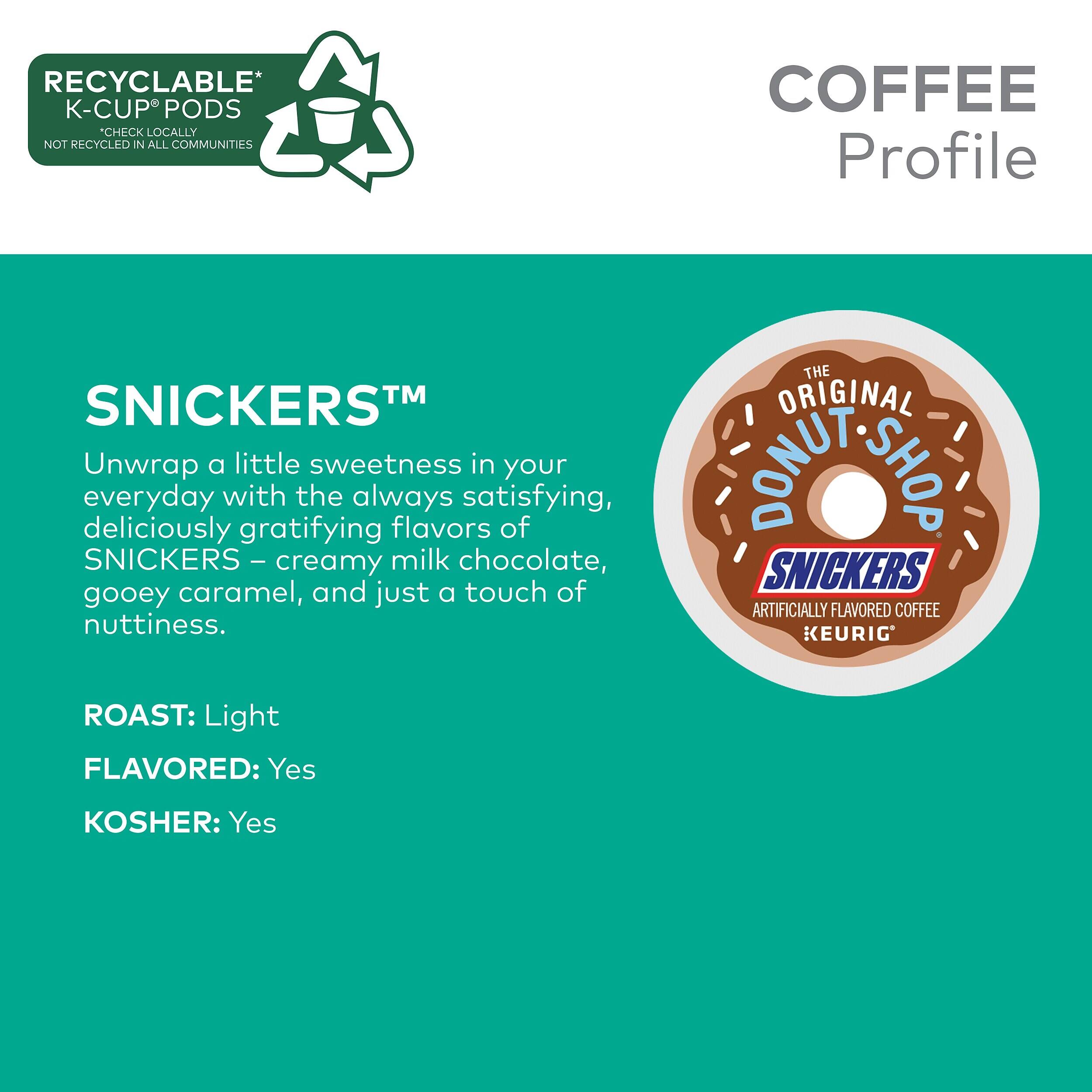 RECYCLABLE* K-CUP® PODS *CHECK LOCALLY NOT RECYCLED IN ALL COMMUNITIES

COFFEE Profile

SNICKERS™
Unwrap a little sweetness in your everyday with the always satisfying, deliciously gratifying flavors of SNICKERS - creamy milk chocolate, gooey caramel, and just a touch of nuttiness.

ROAST: Light
FLAVORED: Yes
KOSHER: Yes
