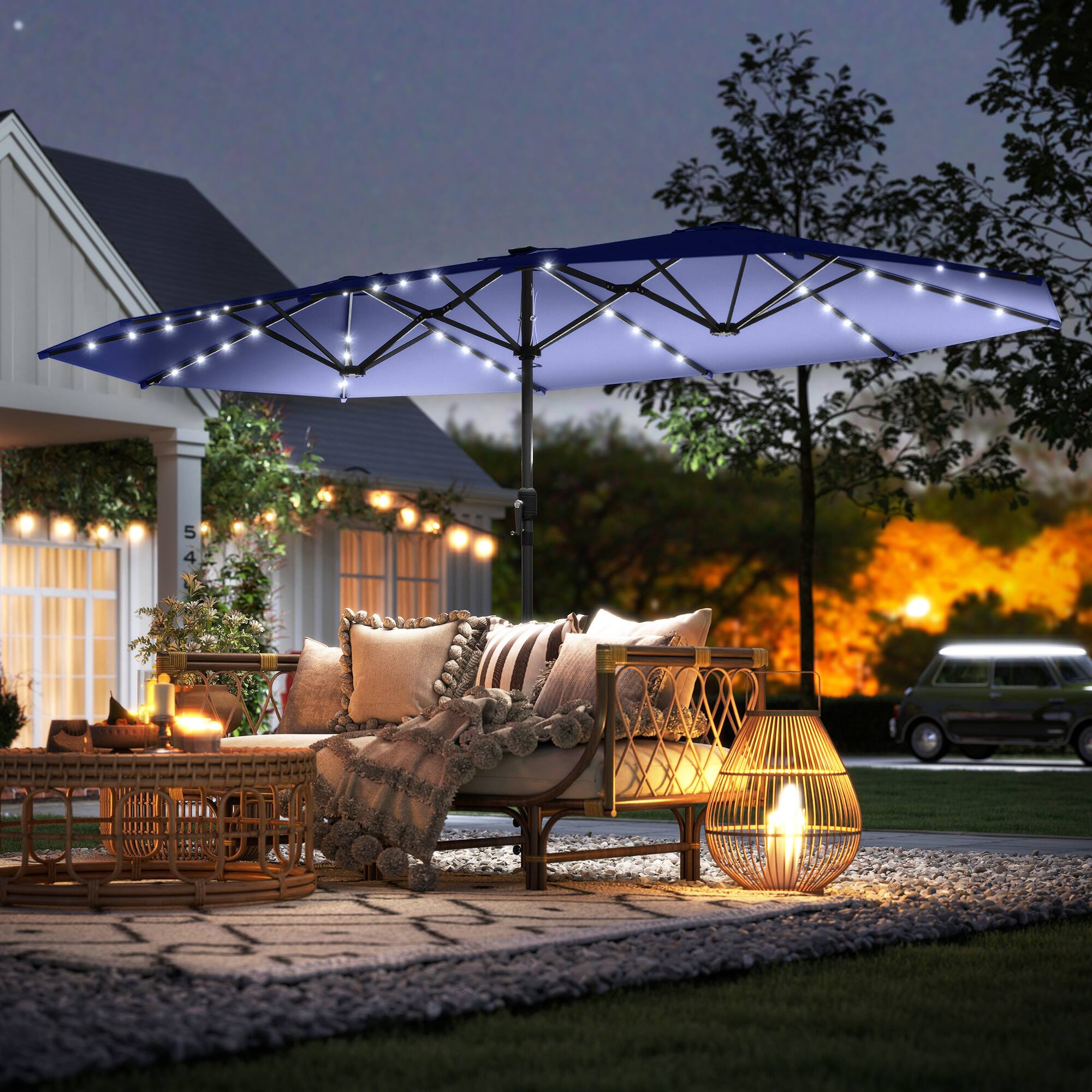 Alt View 1. Outsunny - Parasol, Double-Sided Sun Umbrella with LED Solar Lights, Patio Parasol for Outdoor - Navy Blue.