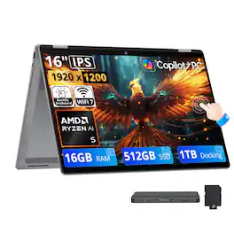 HP - OmniBook X Flip 2-in-1 Laptop,16" FHD+ Touch Display,AMD Ryzen AI 5 430,16GB RAM,512GB SSD+1TB Dock Set,Backlit,Win11 - Meteor Silver