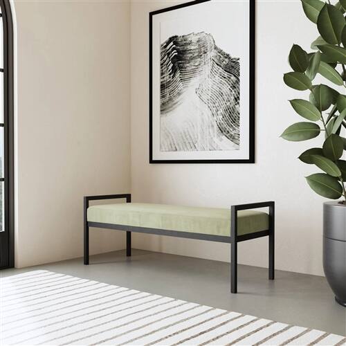 Angle. SlickBlue - Modern Industrial Bed Bench with Metal Frame and Velvet Cushion - Green.