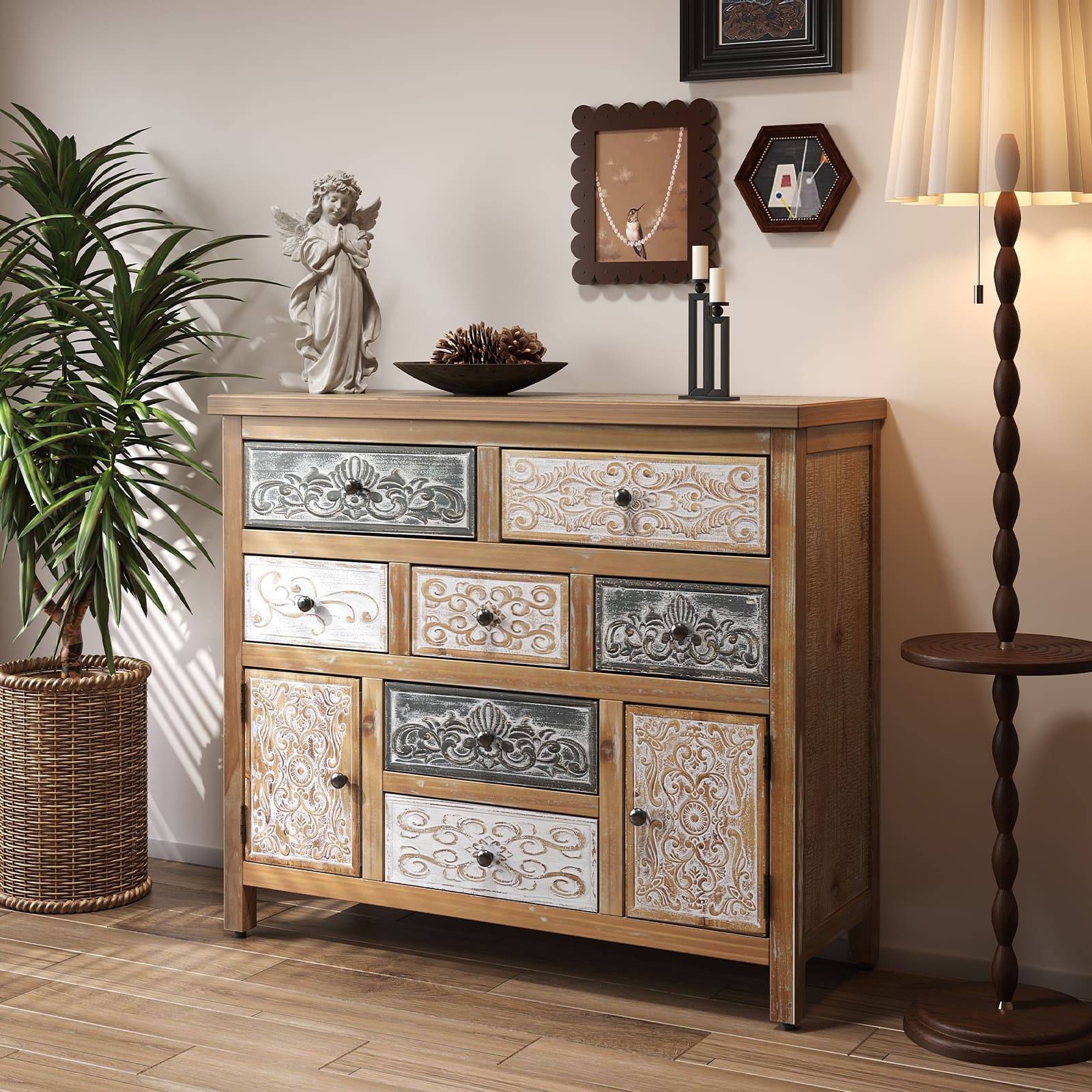 Forest'nSky - Wood 7 drawer 39.37 in. Wide Chest of Drawers with 2 Doors for Living Room - Colorful