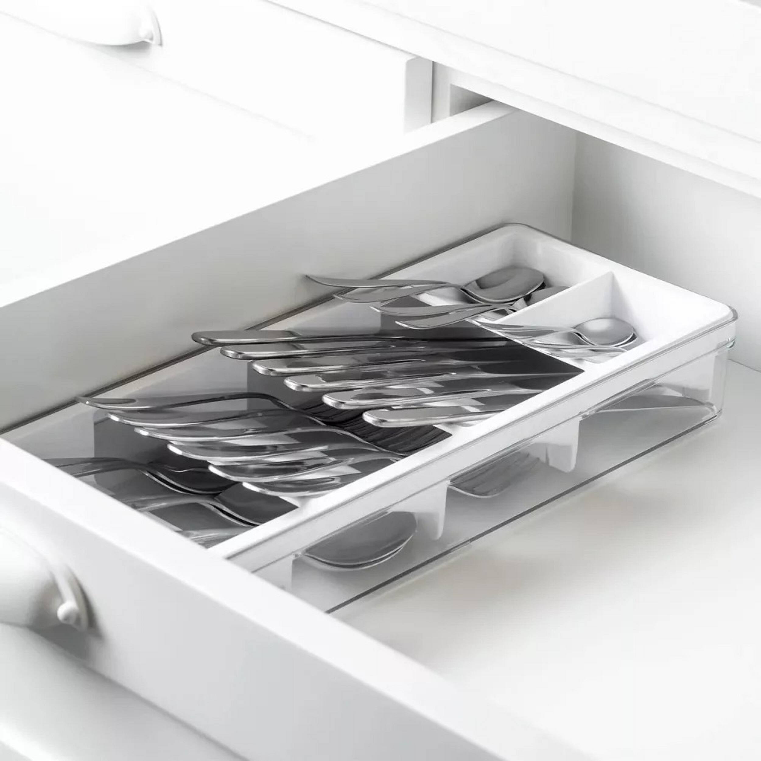 Back. OU - OU In-Drawer Silverware & Utensils Organizer, 5 Compartments Flatware Storage - 14.75" x 5.9" - White - White.