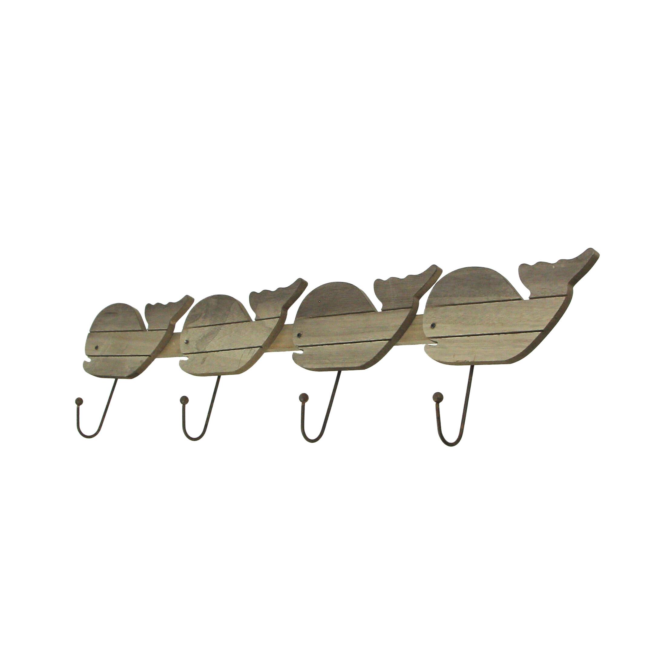 Alt View 1. Mayrich Company - Distressed Wooden Whale 4 Hook Hanging Wall Rack 28 Inches Long - Brown.