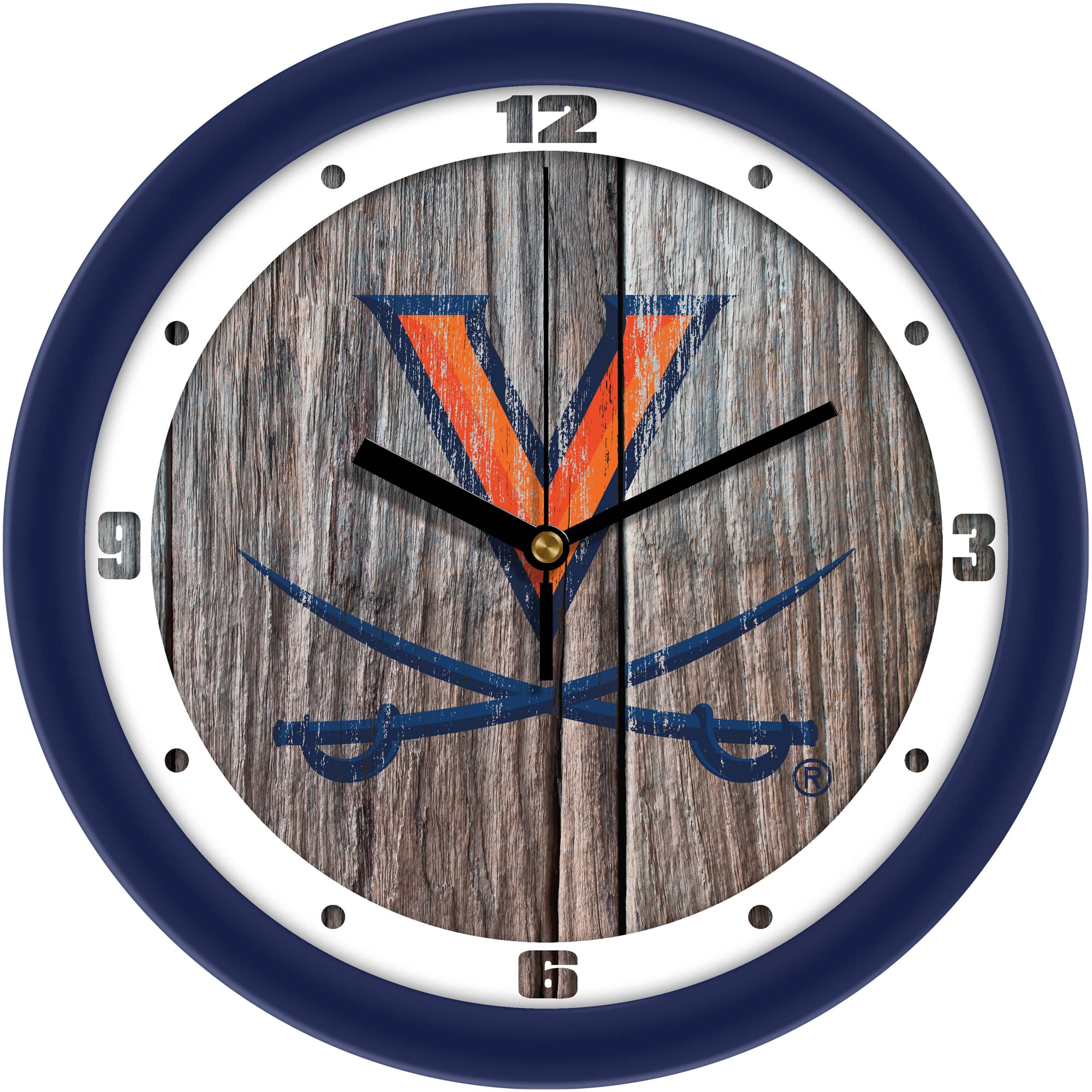 MpDirect - Virginia Cavaliers 11.5'' Suntime Premium Glass Face Weathered Wood Wall Clock - Multicolor