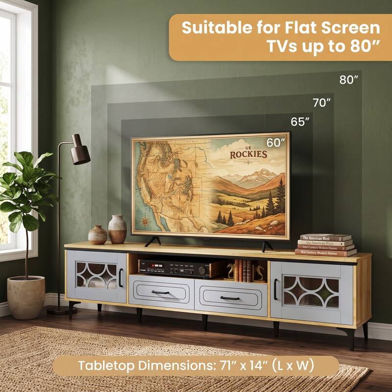 Suitable for Flat Screen TVs up to 80"

80"
70"
65"
60" UE ROCKIES

The American West the American Wee Century Modern Homes Mid-Century Moders Homes

Tabletop Dimensions: 71" X 14" (L X W)