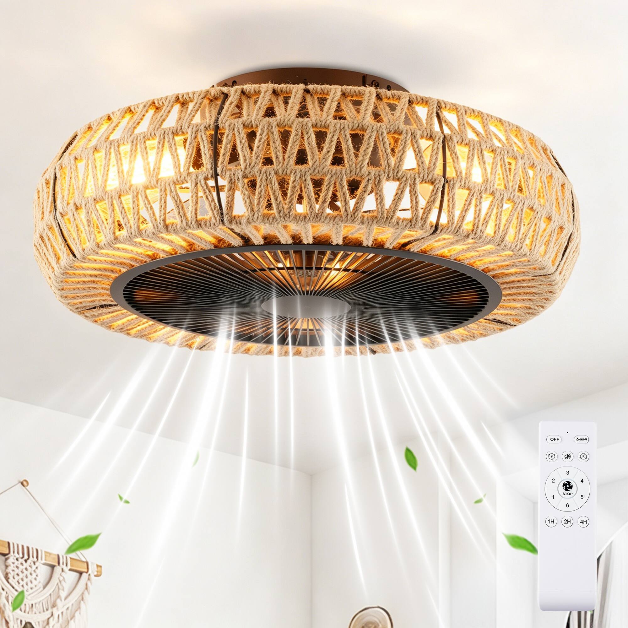 Angle. Loheer - Loheer 20 Inch Vintage Rope Ceiling Fan with Light and Remote 6 Speed Farmhouse Enclosed Fan for Bedroom.