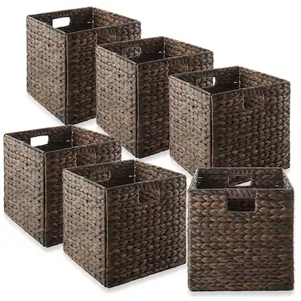 Front. Casafield - 12 x 12-in Water Hyacinth Storage Baskets - 6 Pack - Espresso.