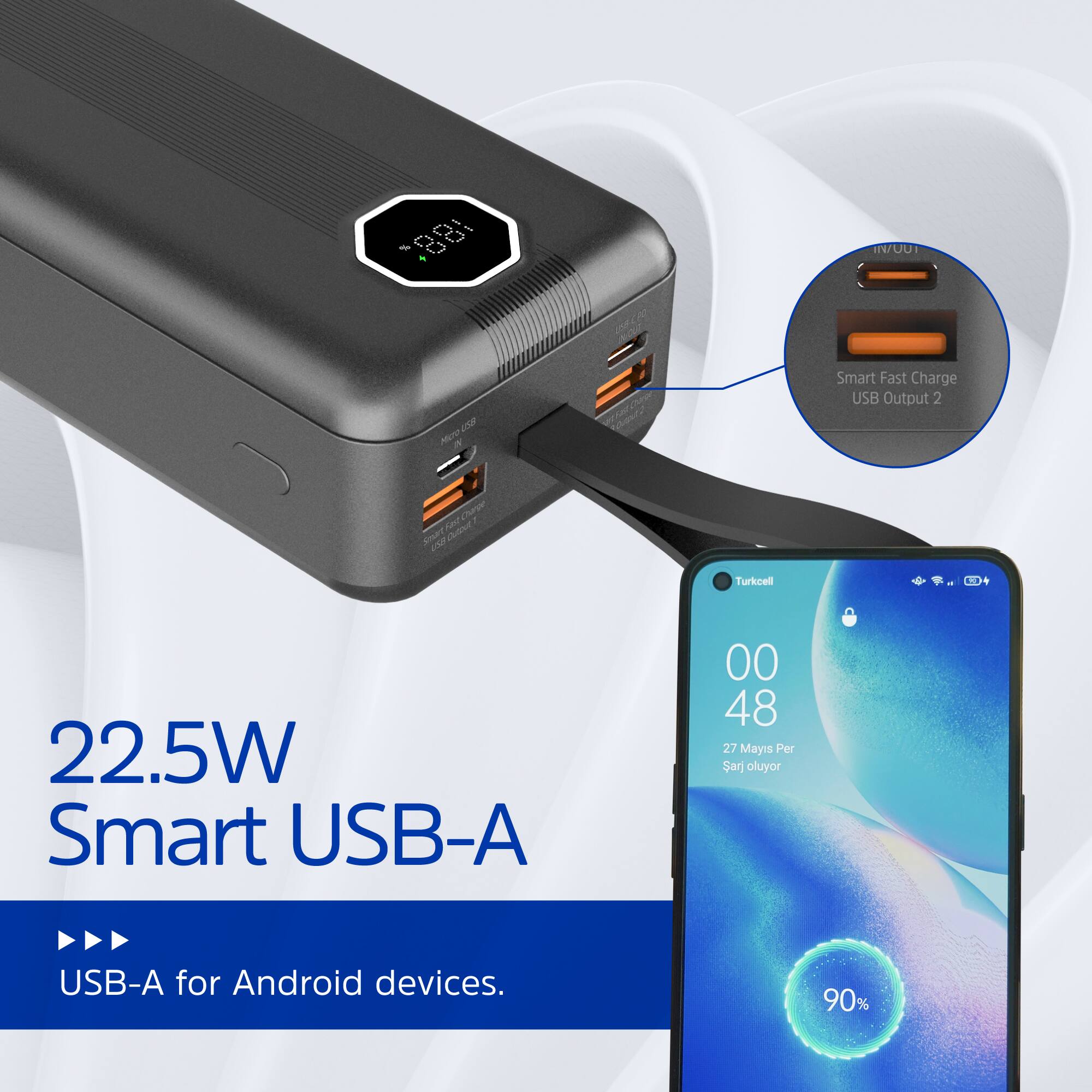 - c 15 5 - 7 J L - C3 + IV/UUI - Mur S Ane Co SMT  
- c Smart Fast Charge USB Output 2 Turkcell  
- L. 22.5W Smart USB-A 00 48  
- 27 Mayis Per Sarj oluyor USB-A for Android devices.  
- 90%