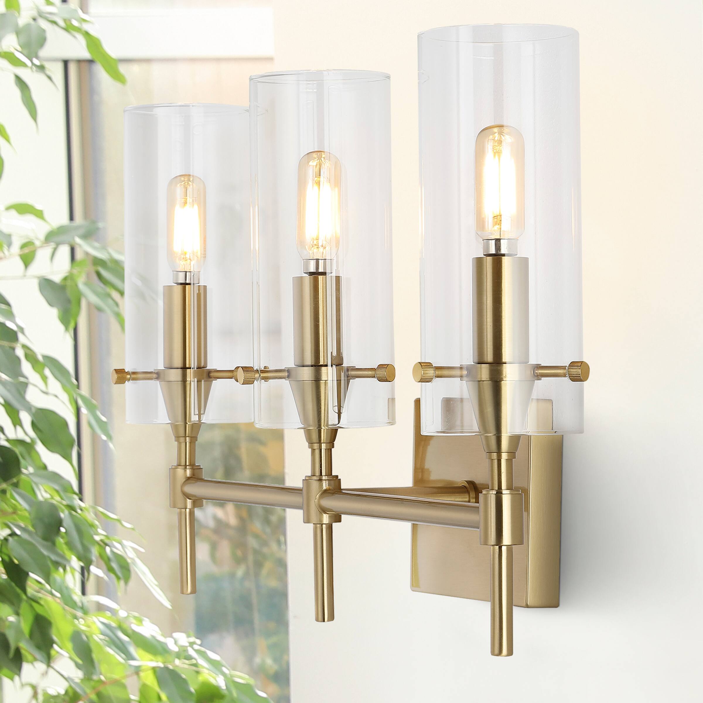Alt View 1. Jonathan Y - Cato 21.25" 3-Light Modern Minimalist Iron/Glass LED Vanity, Brass Gold/Clear - Brass Gold.