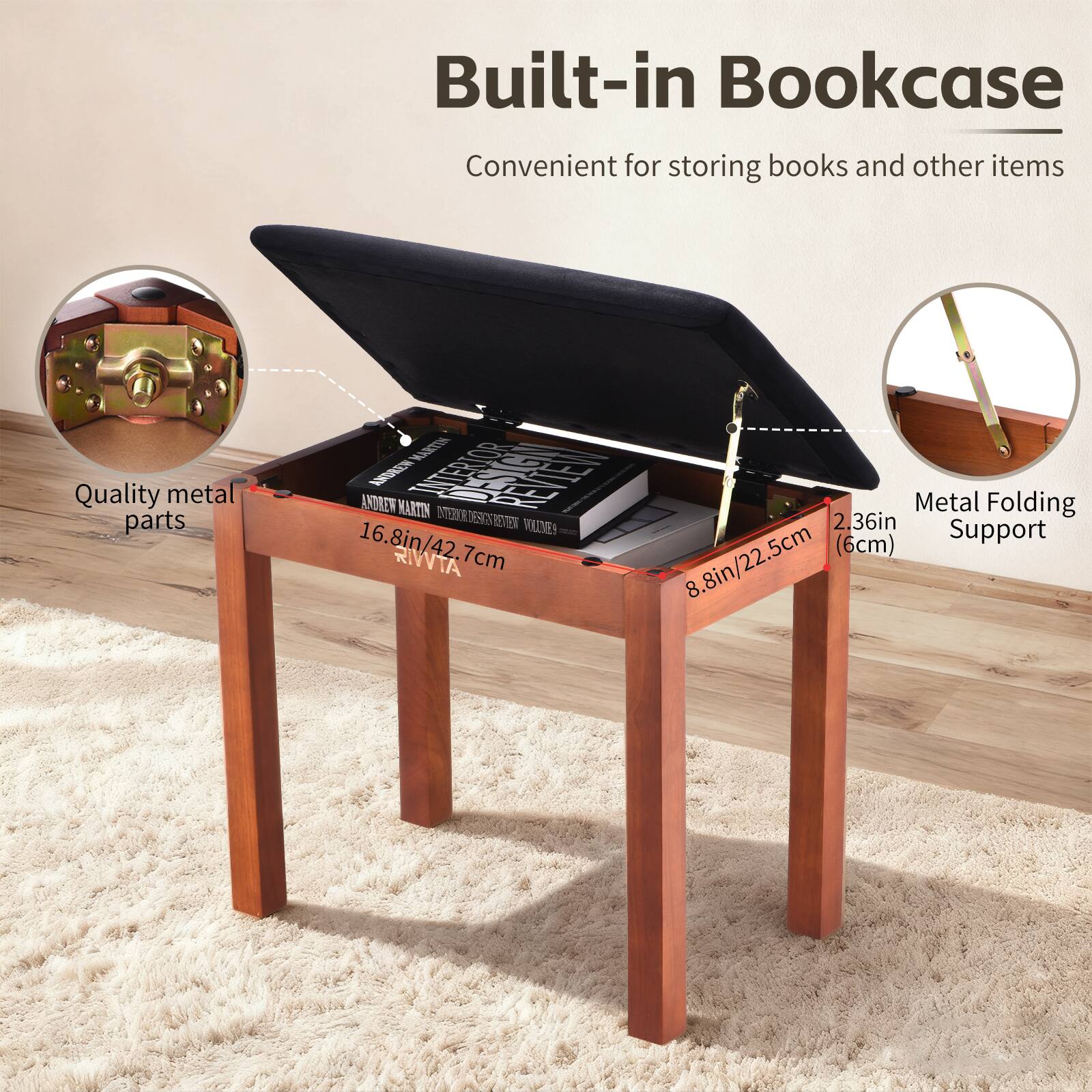 Built-in Bookcase  
Convenient for storing books and other items  

Quality metal parts  

Metal Folding Support  

16.8in/42.7cm  
8.8in/22.5cm  
2.36in/6cm