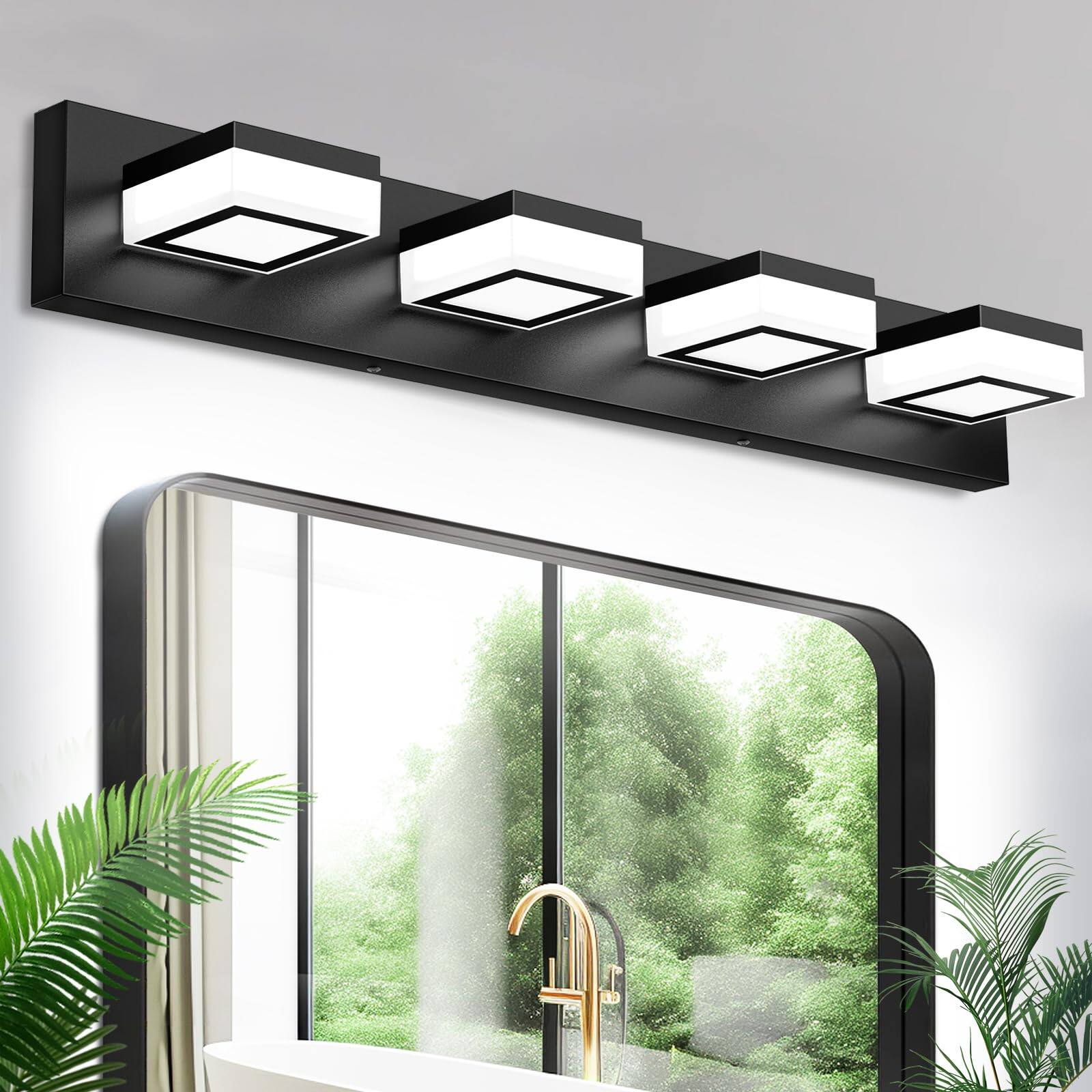 Front. PO3TICJUNKI3 - Modern Led Bathroom Vanity Light Fixtures Matte Lights For Lighting Over Mirror With Rotatable - Black,Dimmable 4-Light, 30-Inch.