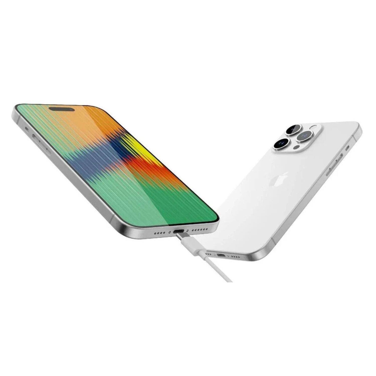 The image shows two smartphones connected by a USB cable. The phone on the left has a colorful, striped back cover, while the phone on the right is white with a triple camera setup.