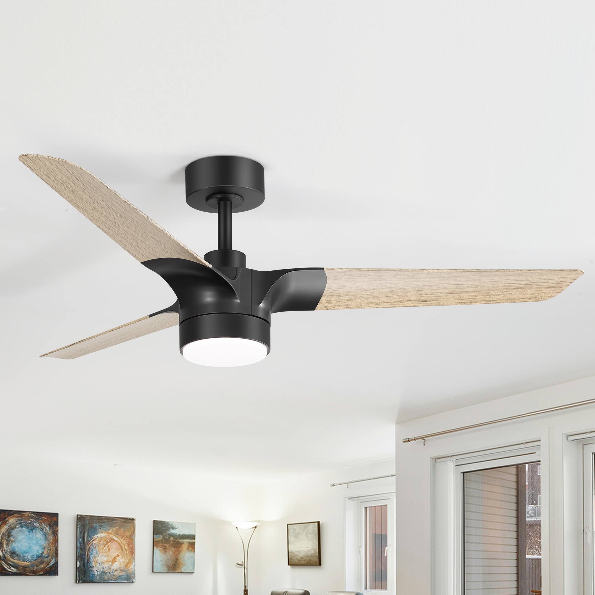 Back. Breezary - 52-In Vintage Ceiling Fan with 3 Dual-Finish Blades, 3-Color Light, DC Motor, 6-Speed Remote Control with Timer - Matte Black and Light Wood Grain.