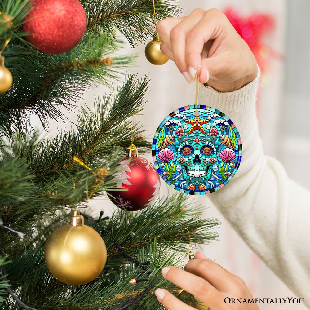 Alt View 1. OrnamentallyYou - Oceanic Oasis Sugar Skull Stained Glass Style Ornament Marine Wonder Christmas Gift and Decor - Multi-colored.