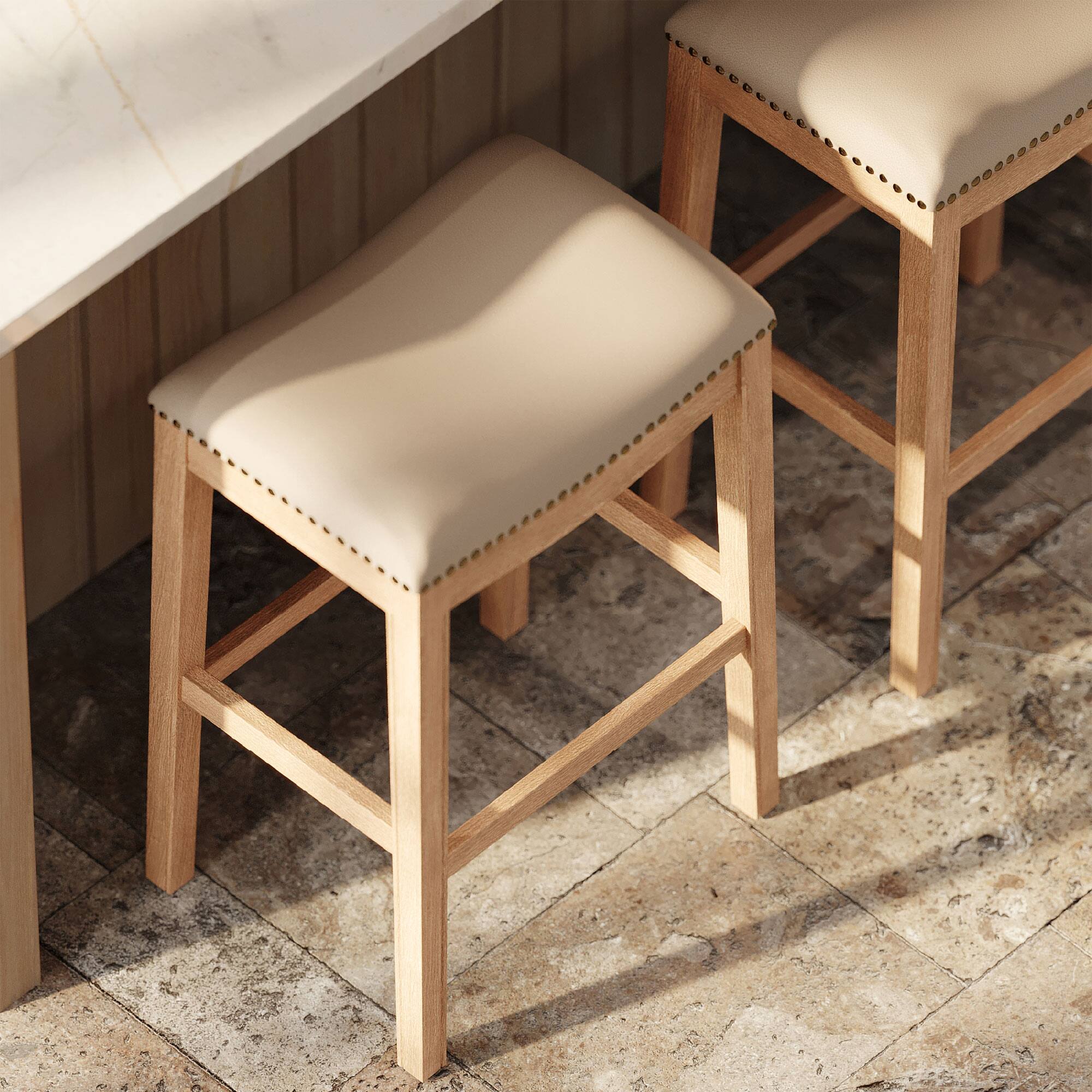 Alt View 10. Maven Lane - Maven Lane Adrien Saddle Barstool, Weathered Oak w/ Avanti Bone Vegan Leather, Set of 2 - Weathered Oak.