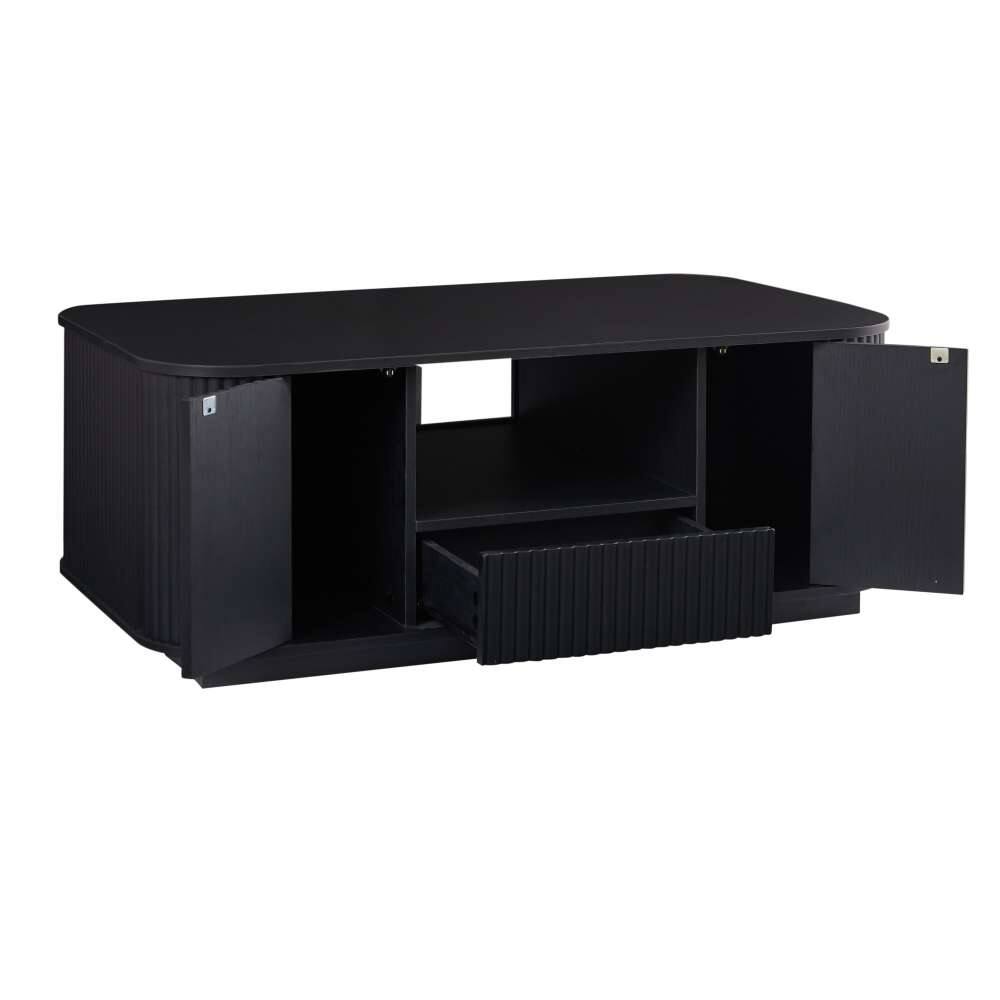 Left. Lirago - 47" Modern Oval Coffee Table Black with Drawers Storage Open shelving Compartments Curved Contour Design - Black.