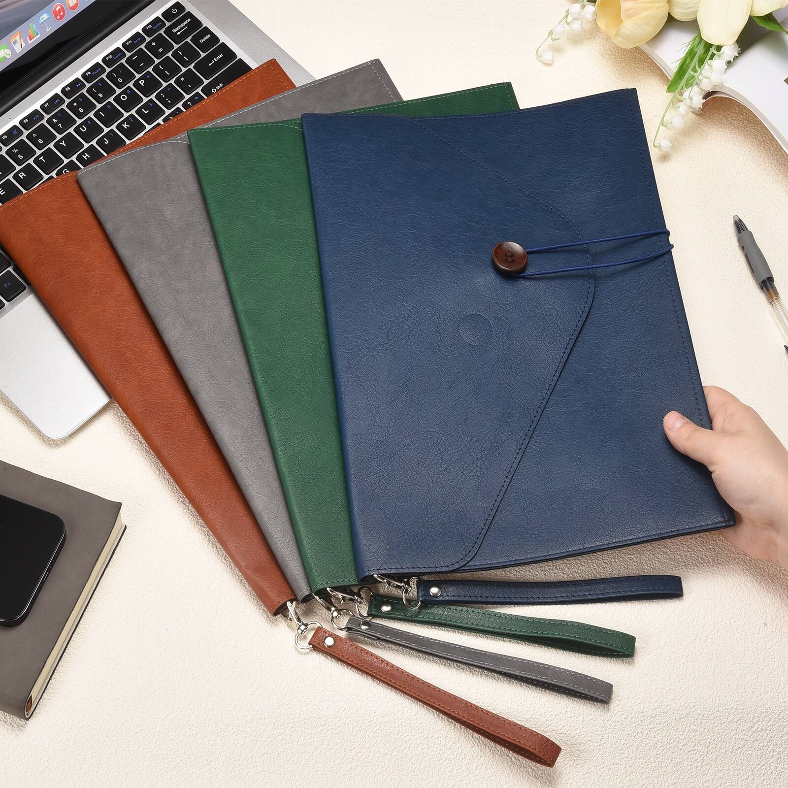 Alt View 3. Unique Bargains - Leather Folder, 14x10" Leather Document Holder PU Pouch Bag Portfolio Organizer Waterproof for Travel Men - Blue.