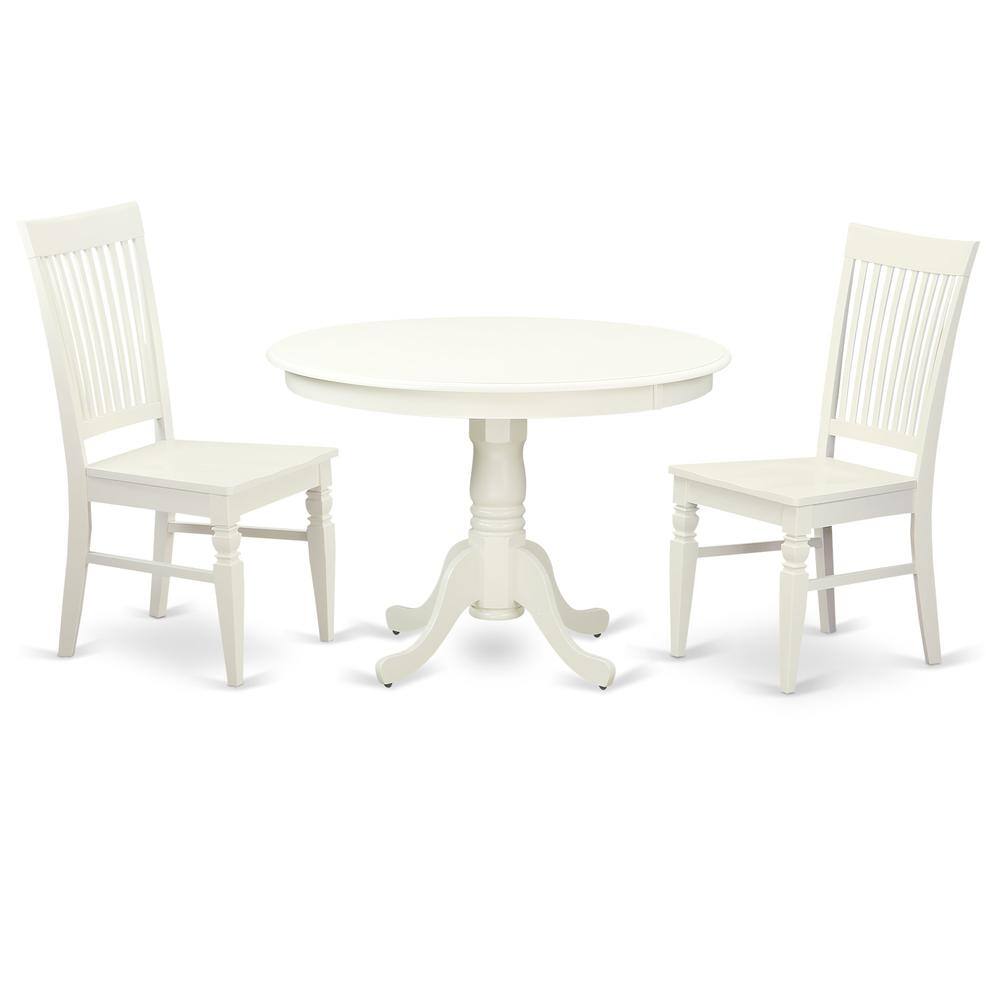 Left. East West Furniture - 3 Pc set with a Round Dinette Table and 2 Leather Kitchen Chairs in Linen White - Linen White.