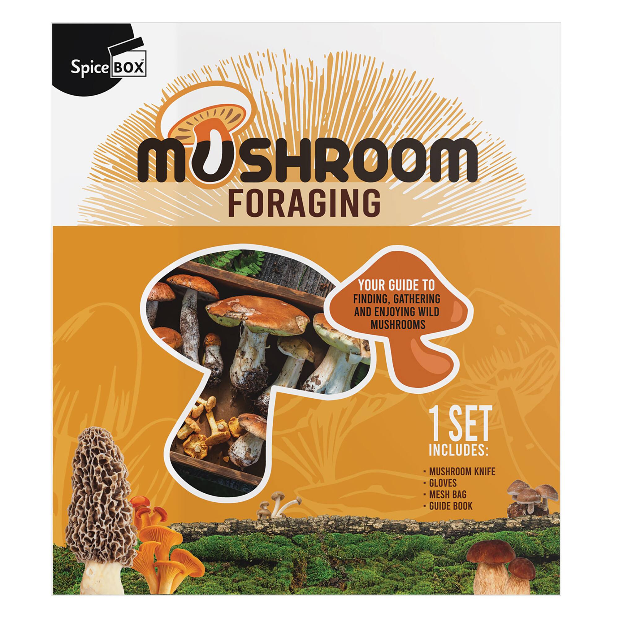 Spice Box Mushroom Foraging: Your Guide to Finding, Gathering and Enjoying Wild Mushrooms. 1 Set Includes: Mushroom Knife, Gloves, Mesh Bag, Guide Book.