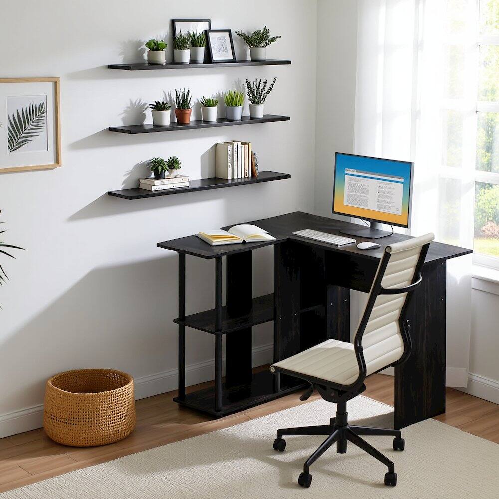 Angle. FurniFact - Black L Shaped Desk with Bookshelf and Storage Drawers for Office Use - Espresso/Black.