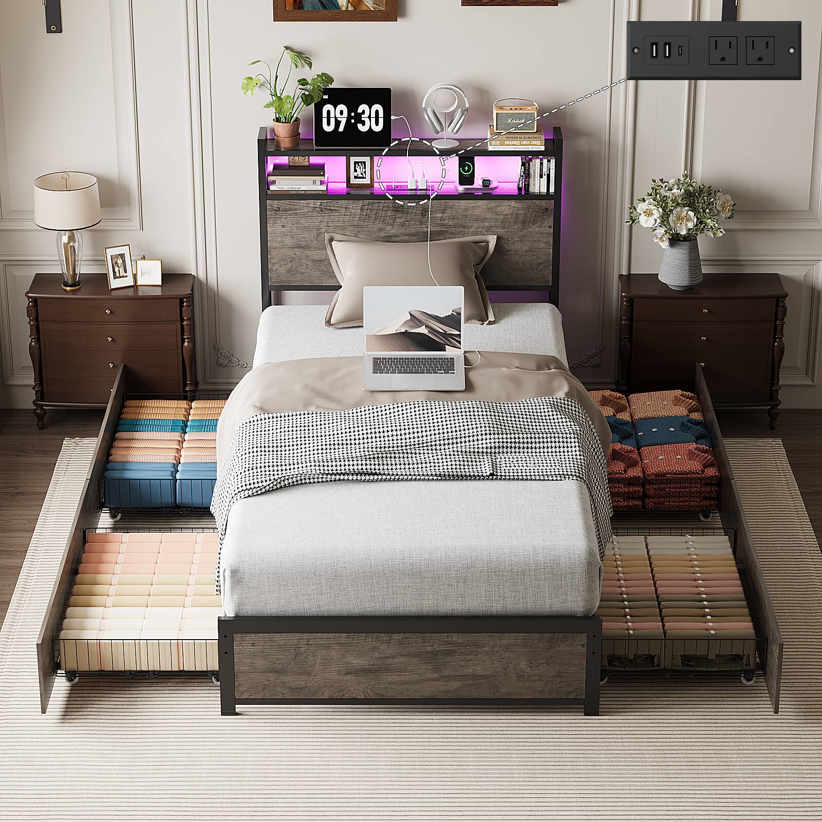 Alt View 10. Winado - Bed Frame Twin Size with 4 Storage Drawers and Storage Headboard Metal Platform with Charging Station and LED Lights - Wash Gray.