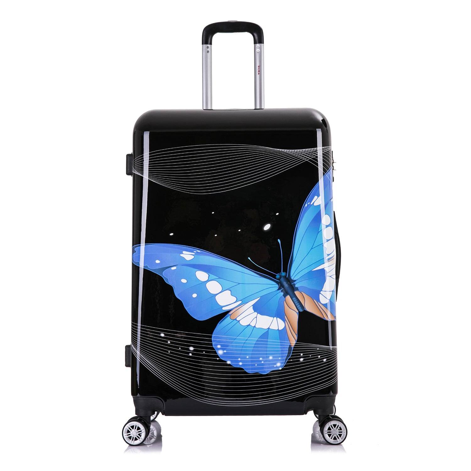 Angle. InUSA - Black Butterfly Prints  Lightweight Hardside spinner luggage 28" - BLACK BUTTERFLY.
