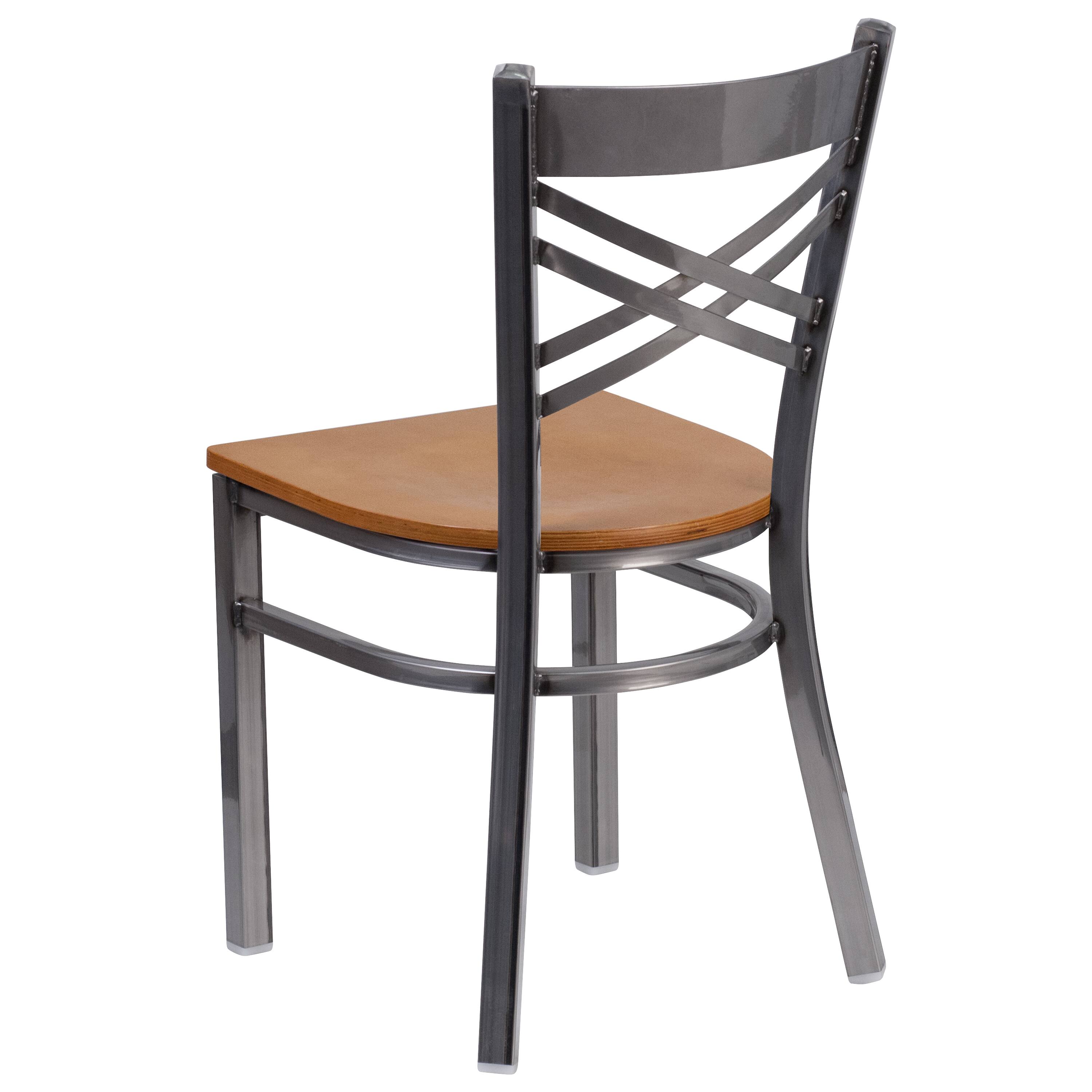 Alt View 4. Emma + Oliver - 2 Pack Clear Coated "X" Back Metal Restaurant Chair - Natural Wood Seat/Clear Coated Metal Frame.