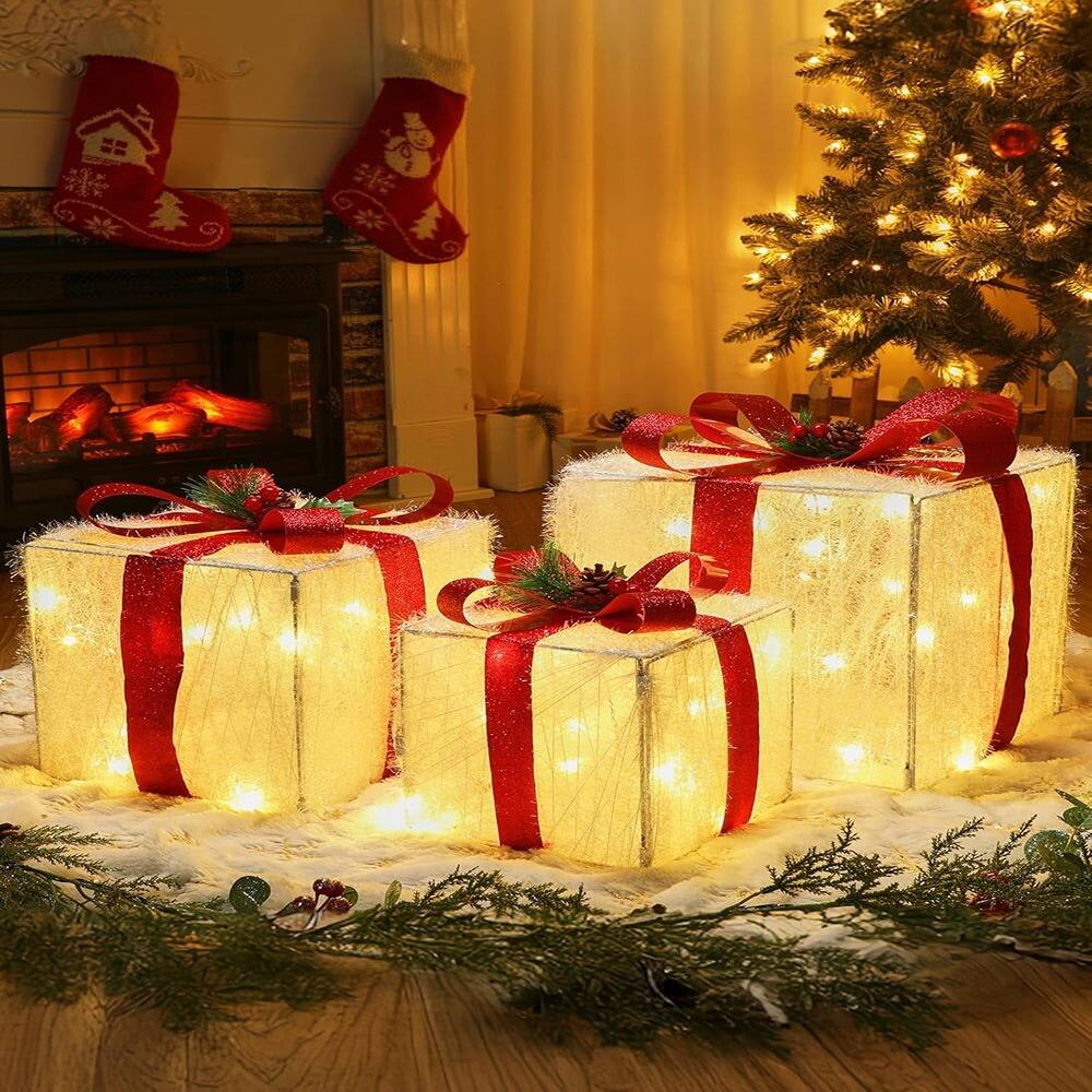 Angle. RTMB - 3-Pack Lighted Christmas Gift Boxes, LED, Indoor/Outdoor Holiday Decor - Style: Red Bow Warmwhite Light.