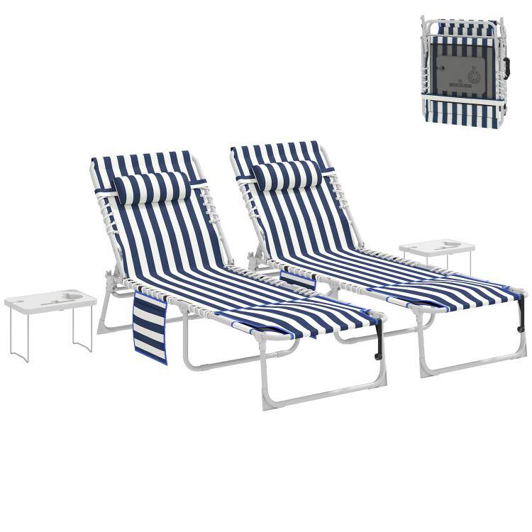 Alt View 1. PULUZ - Tanning Chair Set of 2 with Face Hole and Side Table, 5-Position Folding Outdoor Chaise Lounge Chair, - Blue and White.