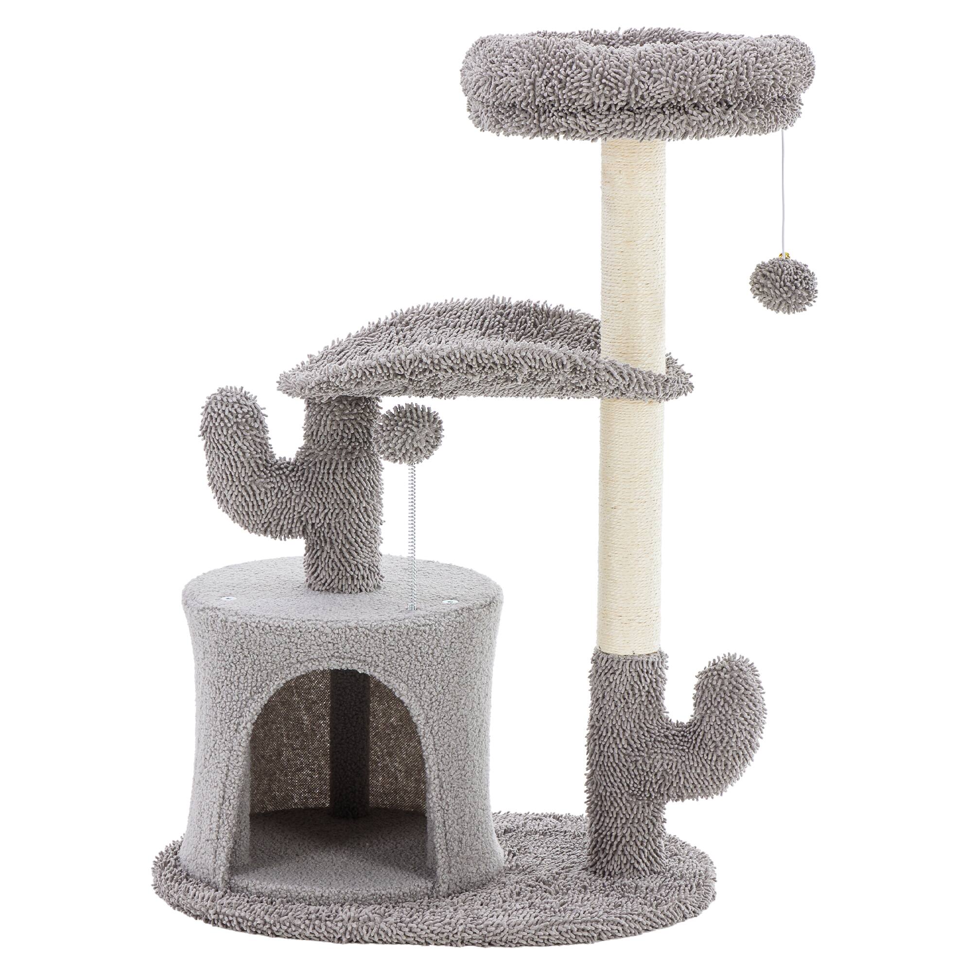 Left. AENKYO - 33" Small Cat Tree Tower Cat with Scratching Post and Curved Bed - Gray.