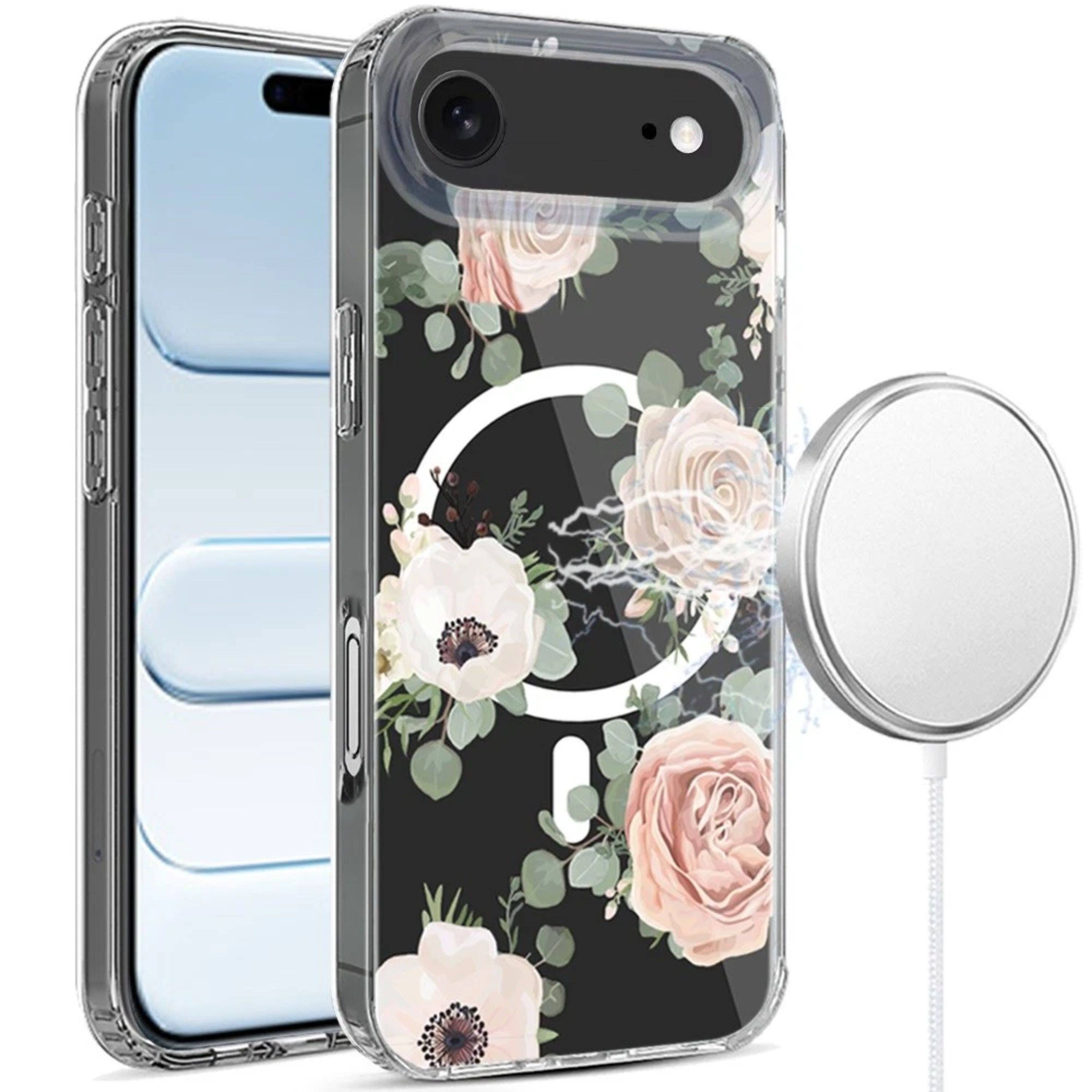 Angle. Kitcheniva - Floral Design Hybrid Phone Case With Tempered Glass For iPhone Air - Multicolor.