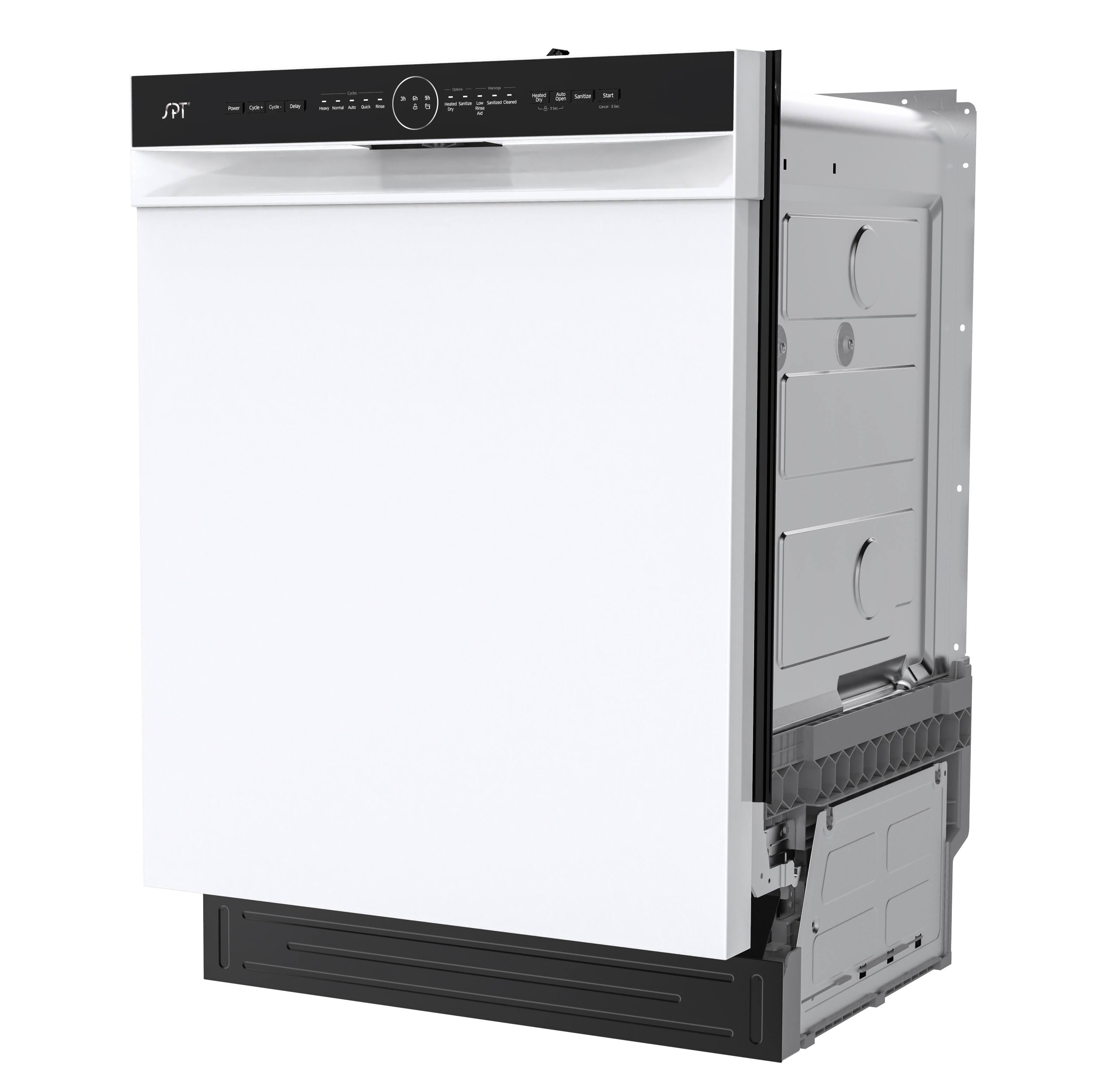 Angle. SPT - 24 in. Front Control Built-In Tall Tub Dishwasher in White with 3rd Rack, 5 Cycles, 54 dBA, and Smart Wash - White.
