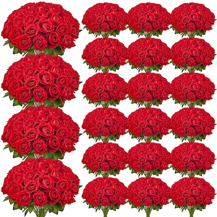 Front. VEVOR - Artificial Flowers, 500 pcs Real Looking Red Foam Fake Roses Bulk, Faux Red Bridal Shower with Stems - Red.