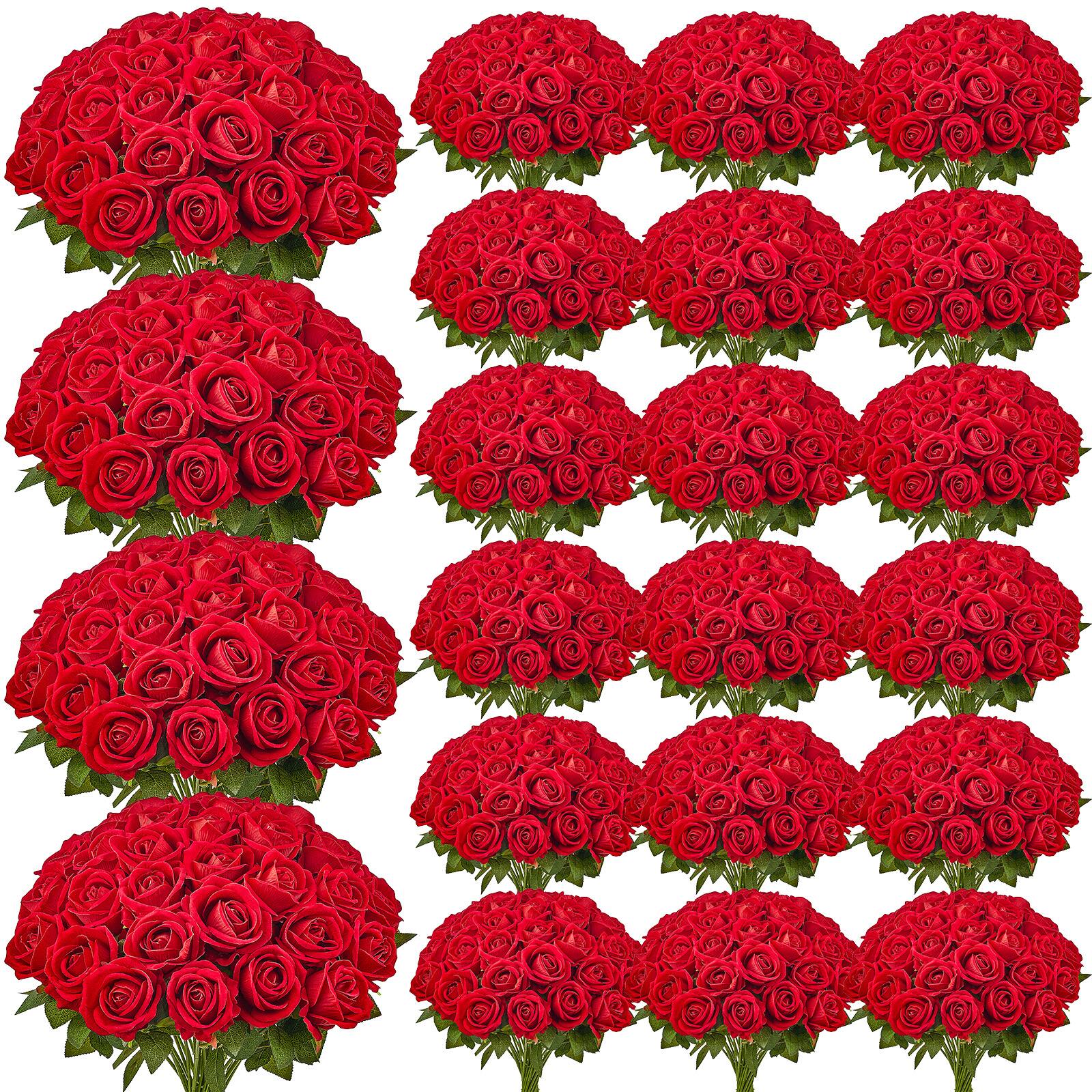 Front. VEVOR - Artificial Flowers, 500 pcs Real Looking Red Foam Fake Roses Bulk, Faux Red Bridal Shower with Stems - Red.