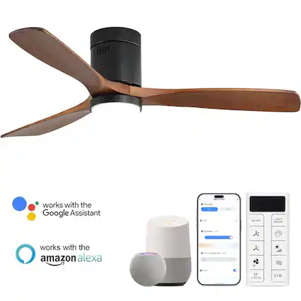 The text in the image can be grouped and corrected as follows:
- **Works with the Google Assistant**
- **Works with the Amazon Alexa**
Additionally, the image shows a remote control with the following labels:
- **ALL OFF**
- **LIGHT ON/OFF**
- **F/R**