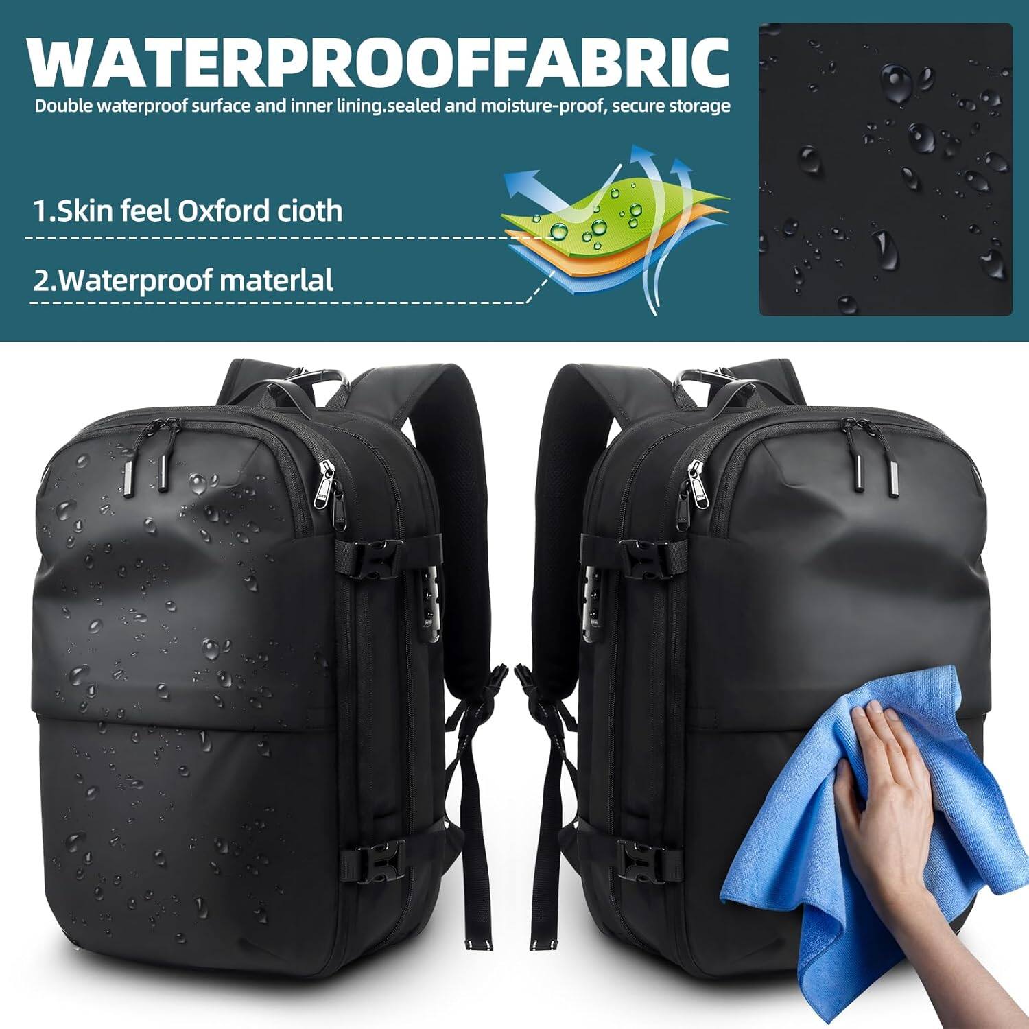 **WATERPROOF FABRIC**  
Double waterproof surface and inner lining, sealed and moisture-proof, secure storage

1. Skin feel Oxford cloth  
2. Waterproof material
