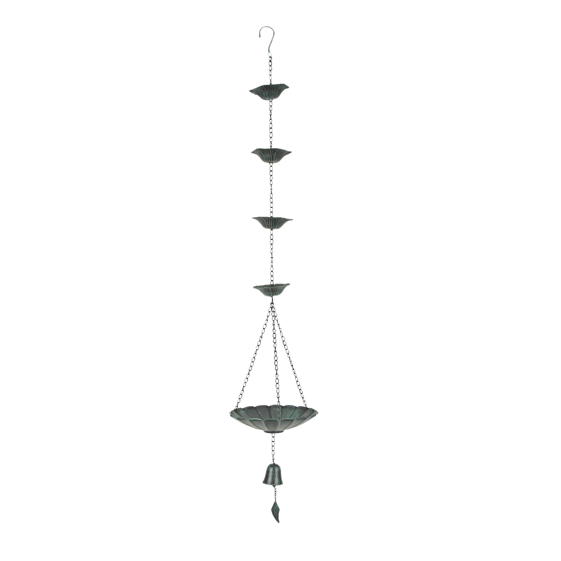Front. Things2Die4 - 53 Inch Verdigris Metal Flower Rain Chain Bell Decorative Downspout Garden Decor - Green.